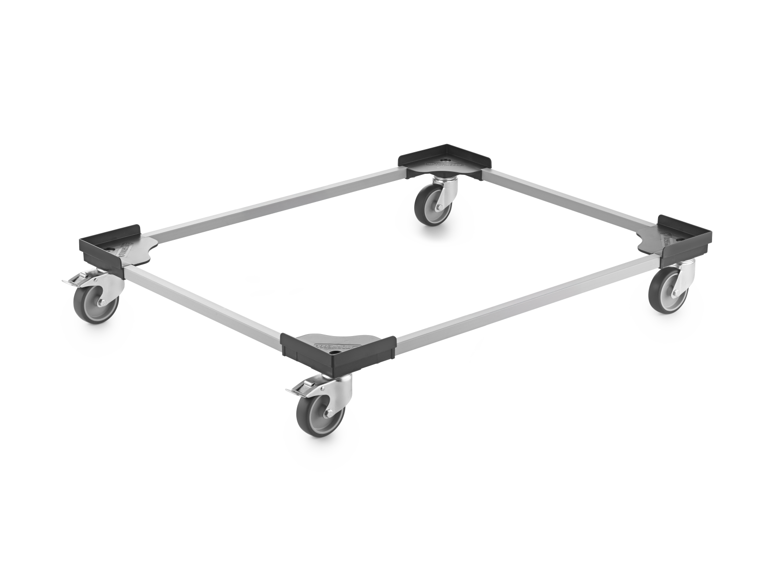 Square transport trolley frame with four swivel castors. The design includes triangular corner mounts and straight connecting bars, suitable for moving items in an industrial setting.