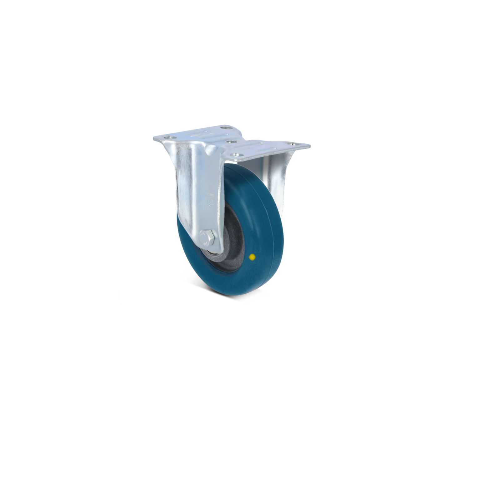Een blauw rubberen wiel met een metalen montagemodule is zichtbaar. Het wiel is bevestigd aan een standaard bevestigingsplaat met schroefgaten. De achtergrond is neutraal en onopvallend.