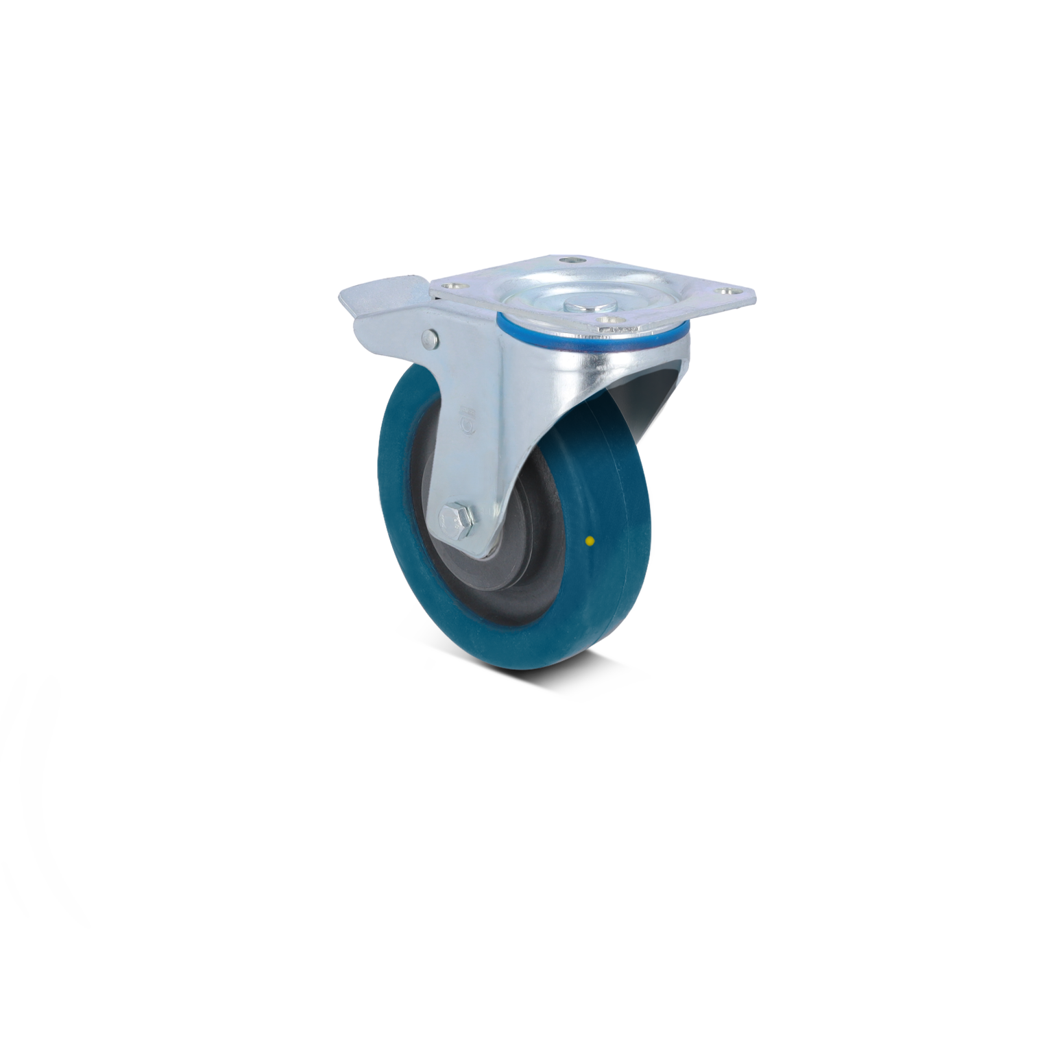 Zwenkwiel met een metalen voetplaat en rubberen band in blauw en zwart. Het wiel is gepositioneerd voor gebruik in industriële toepassingen, om bewegende voorwerpen te ondersteunen.