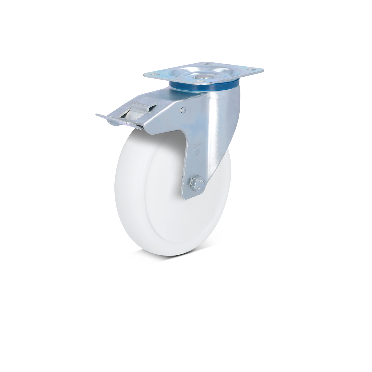 A white industrial wheel is mounted on a metal swivel bracket with a flat plate. The wheel features a smooth surface for easy movement, displayed against a contrasting background.