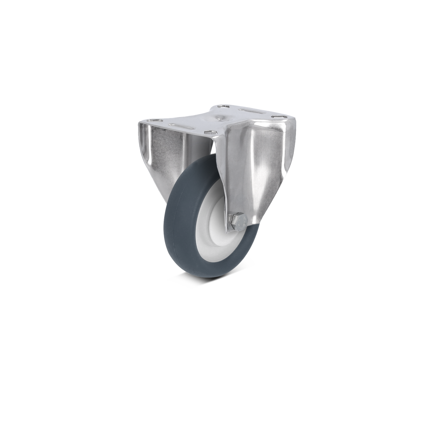 Ein grau-beschichtetes Rad mit einem weißen Innenring und einer metallischen Halterung. Es ist in einer aufrechten Position, ideal für industrielle Anwendungen. Der Hintergrund ist einfarbig und unauffällig.