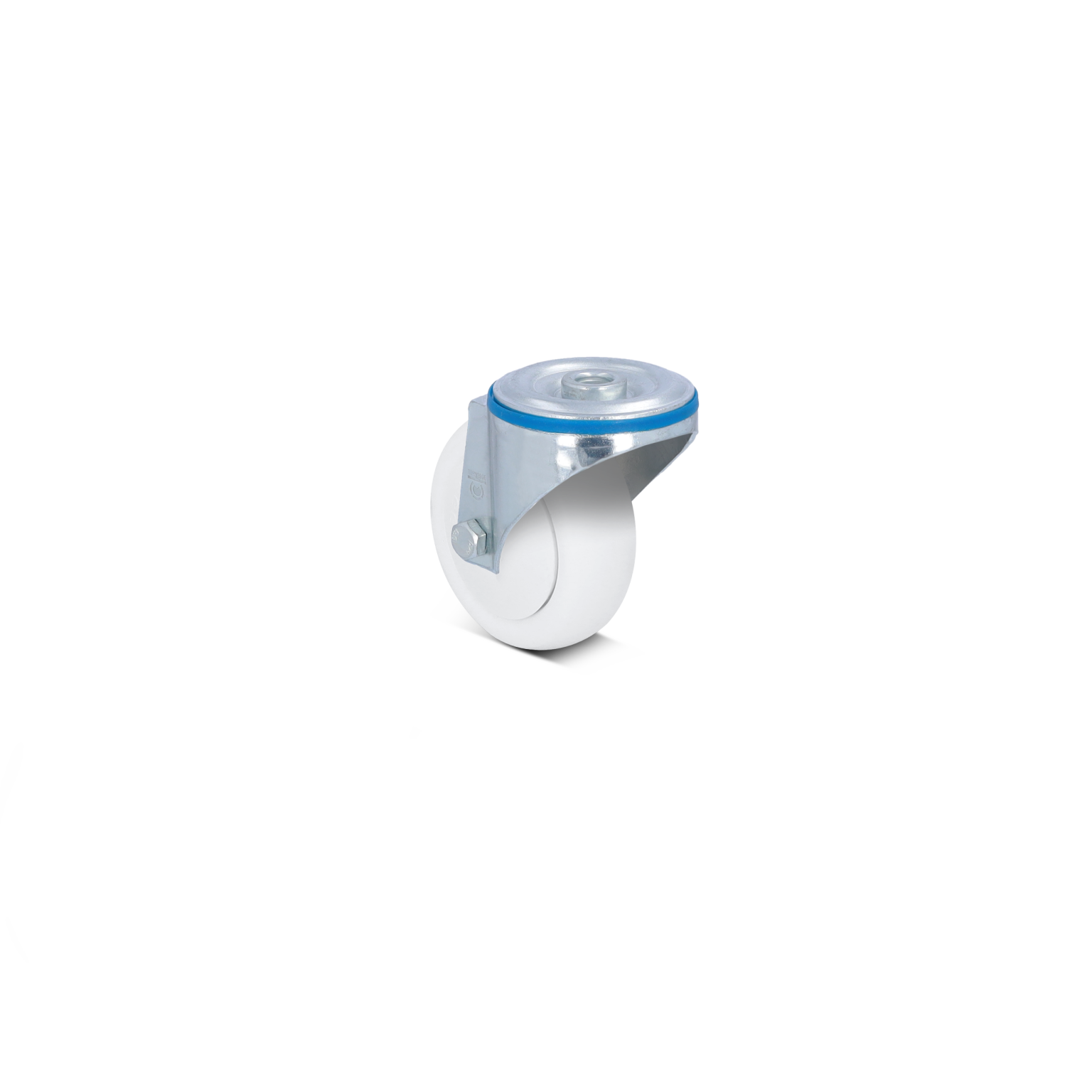A swivel caster featuring a durable white wheel with a transparent top and a metallic mounting plate. It is positioned against a neutral background, highlighting its design and functionality for material handling.