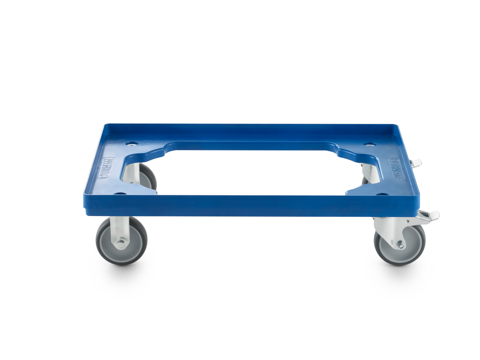 A blue plastic transport dolly features a rectangular frame and is mounted on four swivel casters. It-s positioned on a plain surface, suitable for moving items in an industrial setting.