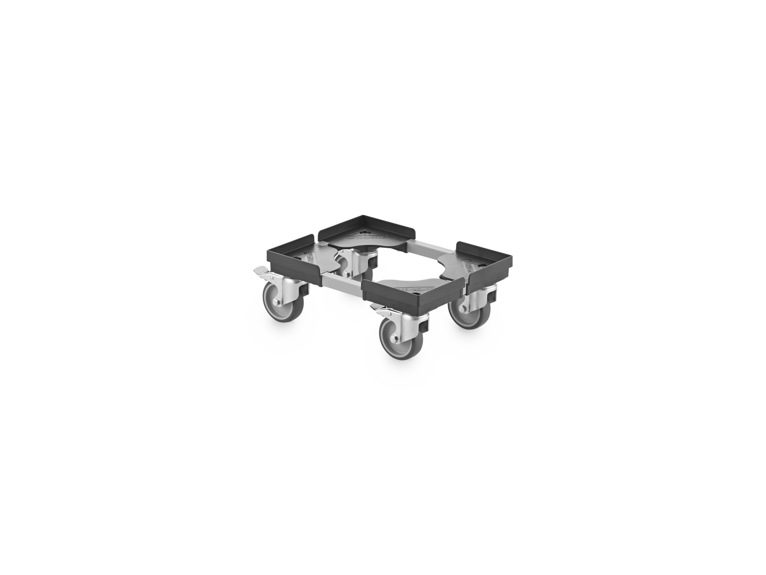 A rectangular transport trolley features a sturdy frame with an open center and four castor wheels. It is designed for easy mobility in industrial environments, set against a plain background.