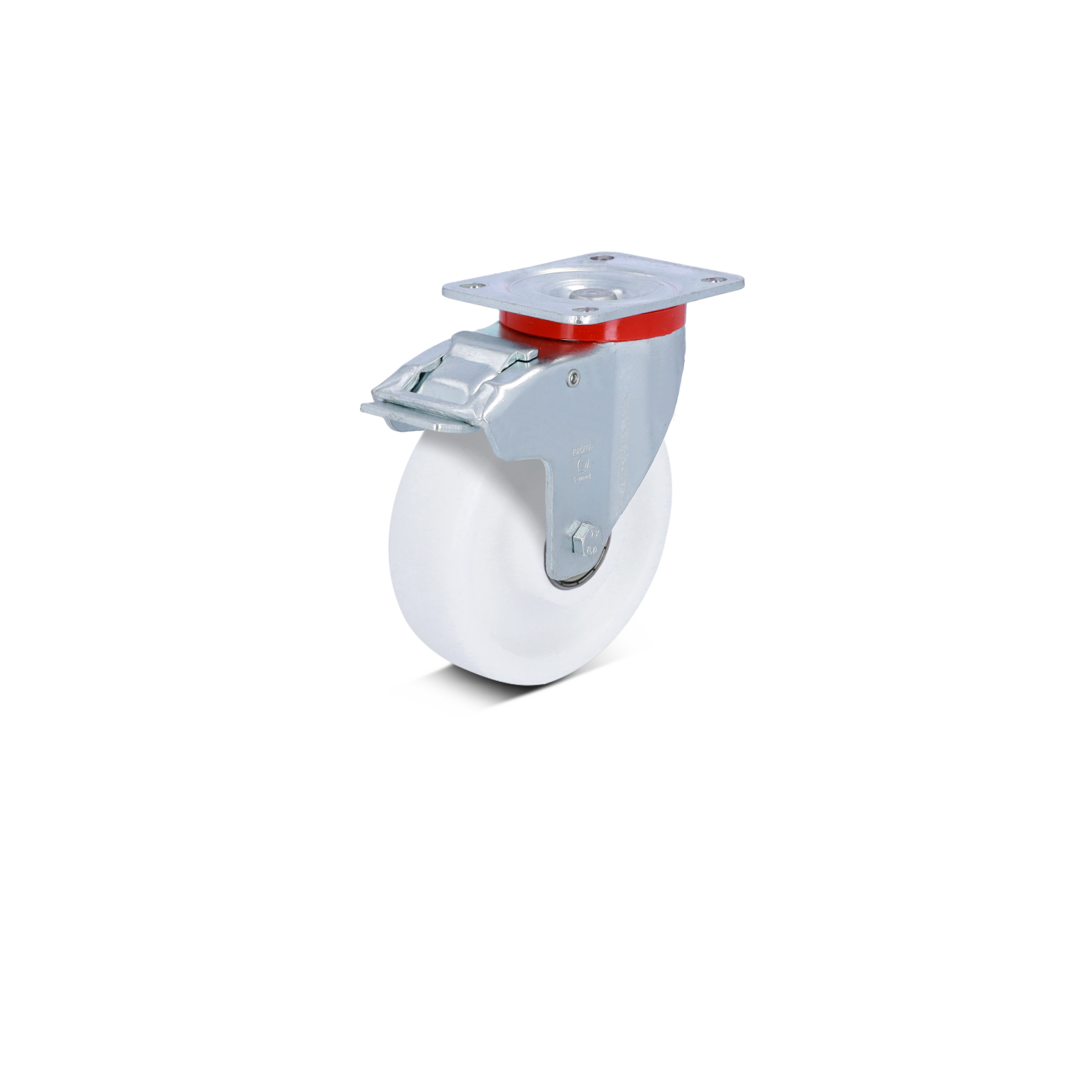 A white industrial wheel with a metal mounting plate is displayed. The wheel features a bright red ring, and the plate has a locking mechanism, suitable for use in material handling applications.