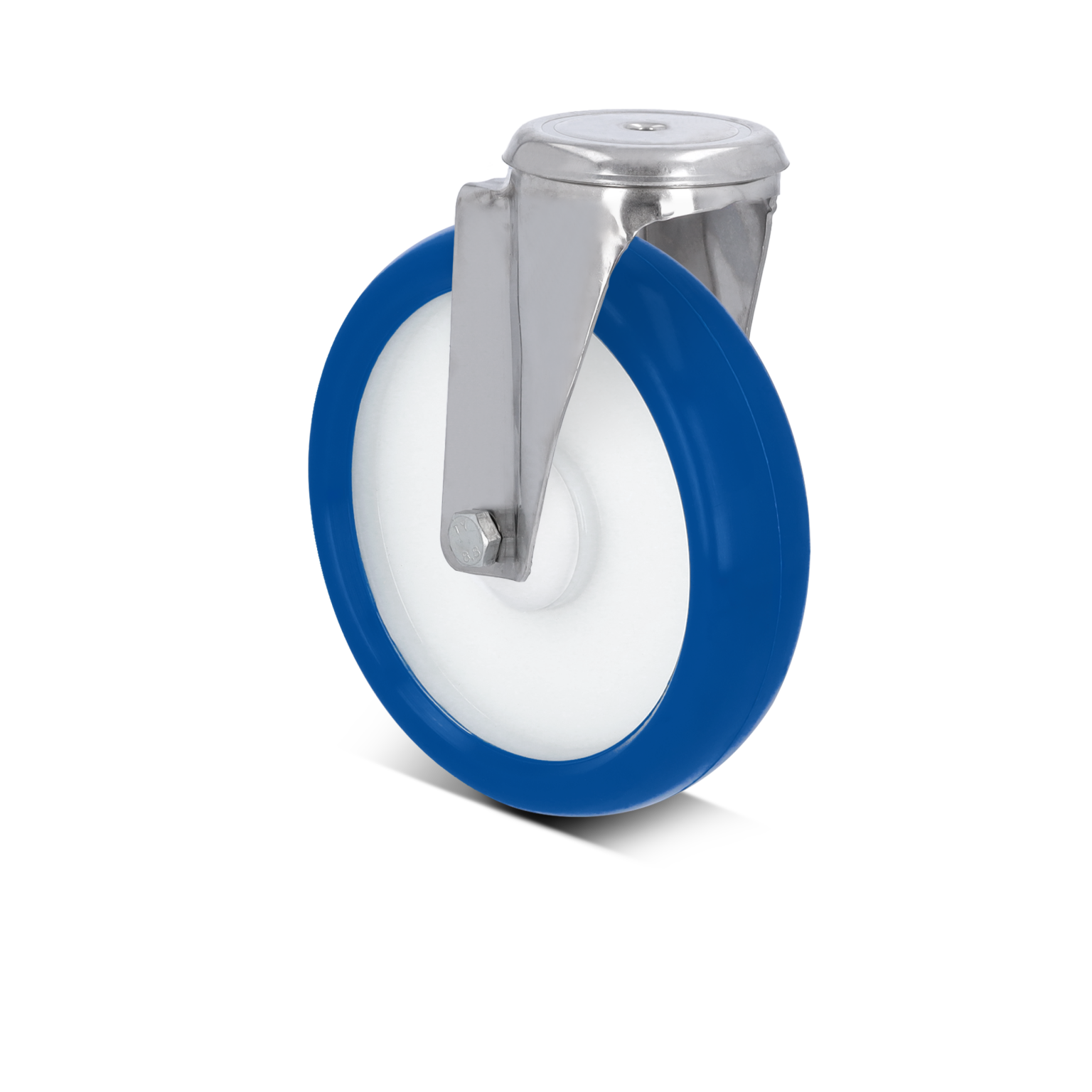 A blue industrial wheel features a white polyurethane tire mounted on a silver metal swivel bracket. The wheel is designed for material handling applications, showcasing durability and functionality.