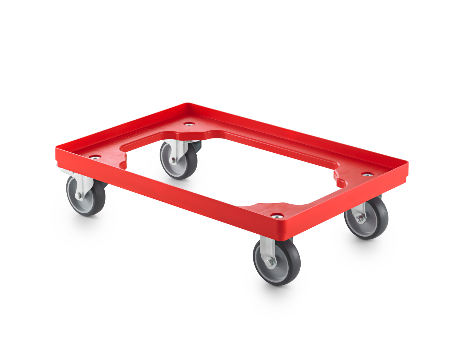 A red transport trolley featuring a rectangular frame with an open center and mounted on four gray wheels. It is designed for moving items within an industrial or warehouse setting.