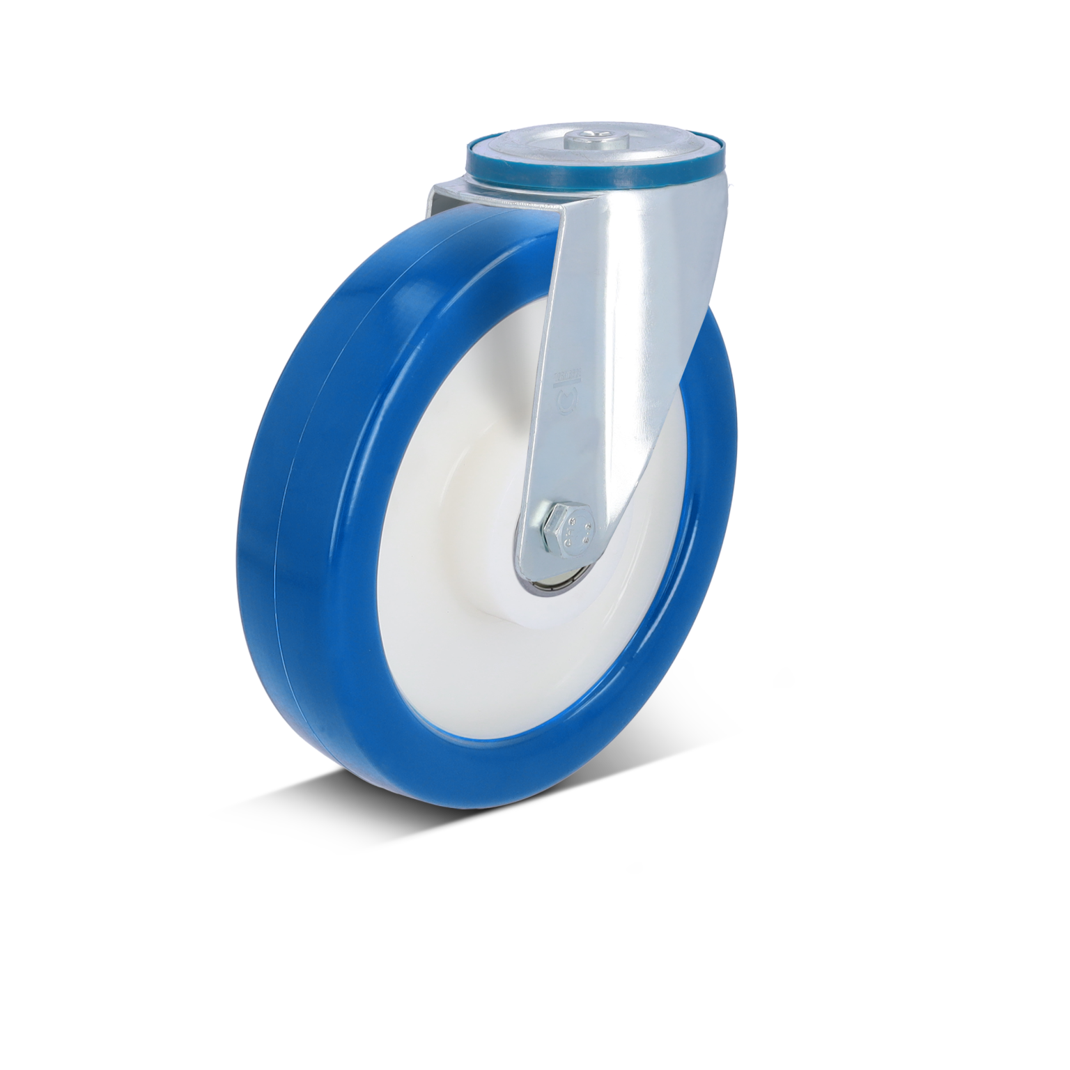 Zwenkwiel met een blauwe rubberen band en een witte binnenkant, bevestigd aan een metalen montagesteun. Het is geïsoleerd op een zwarte achtergrond en is geschikt voor industriële toepassingen.