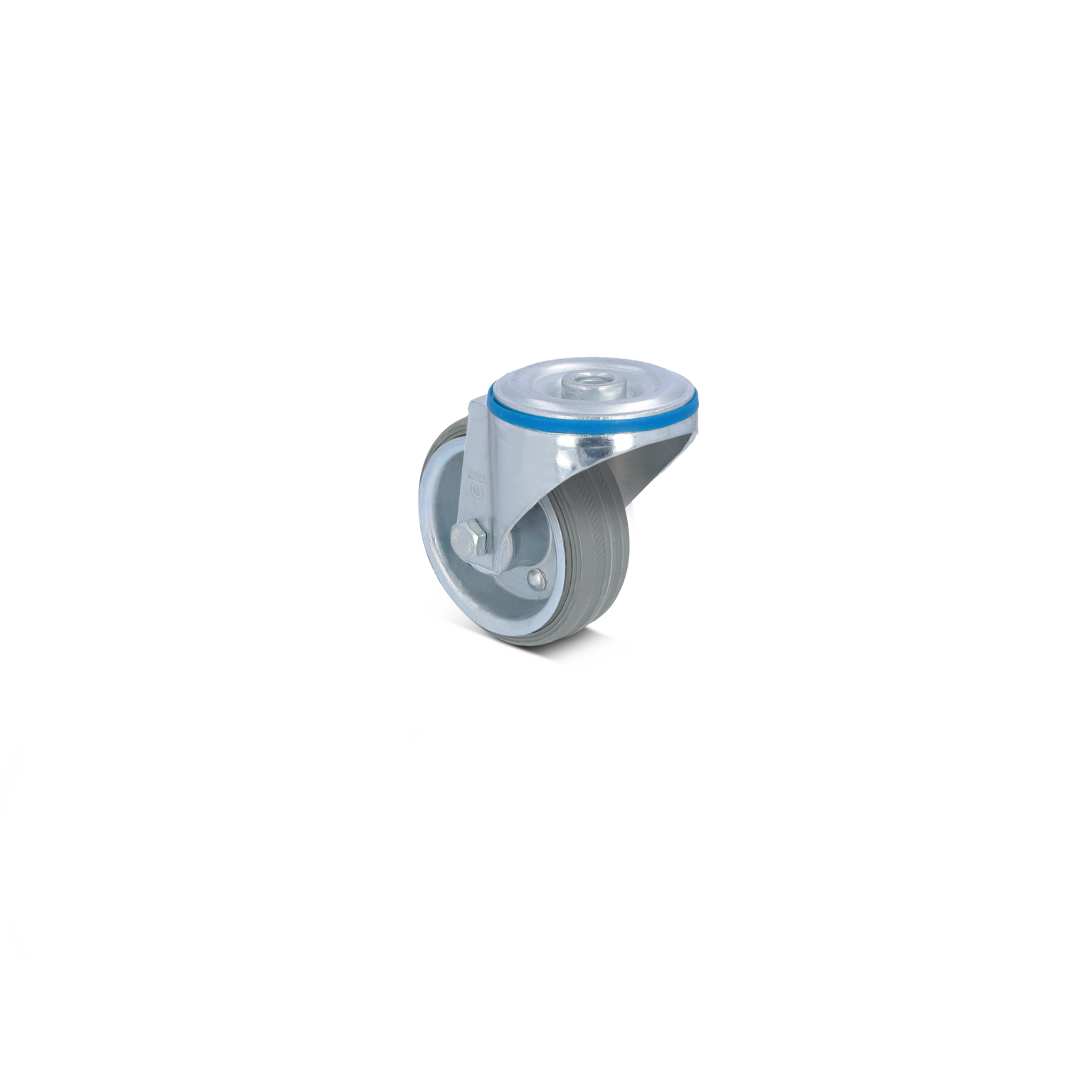 Een metalen zwenkwiel met een rubberen band, dat is bevestigd aan een bevestigingsplaat. Het heeft een glanzende afwerking en een blauwe ring. Achtergrond is eenvoudig en lichtgekleurde.
