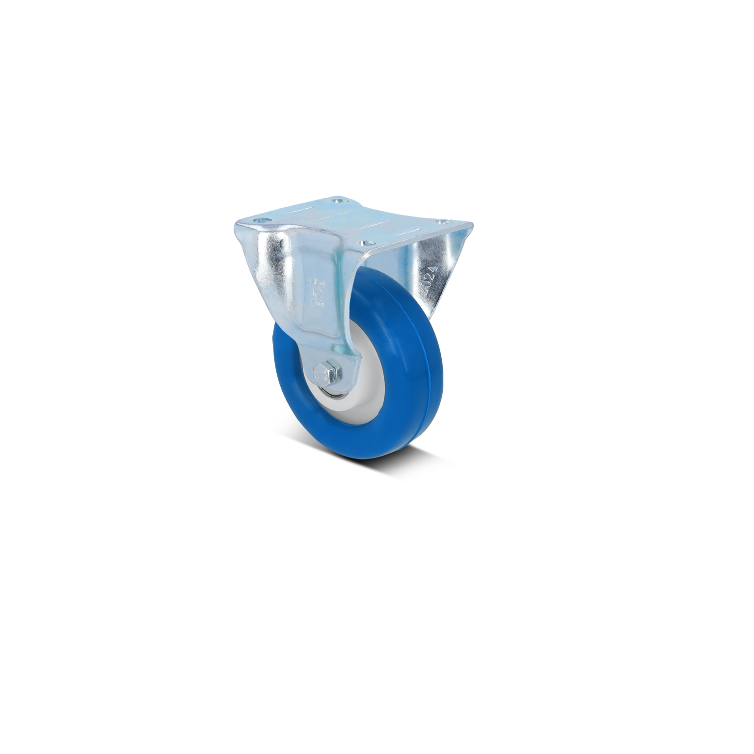 Een blauwwiel met een witte binnenring is bevestigd op een glanzend metalen montagesysteem. Het wiel is ontworpen voor gebruik in een industriële omgeving. De achtergrond is zwart.