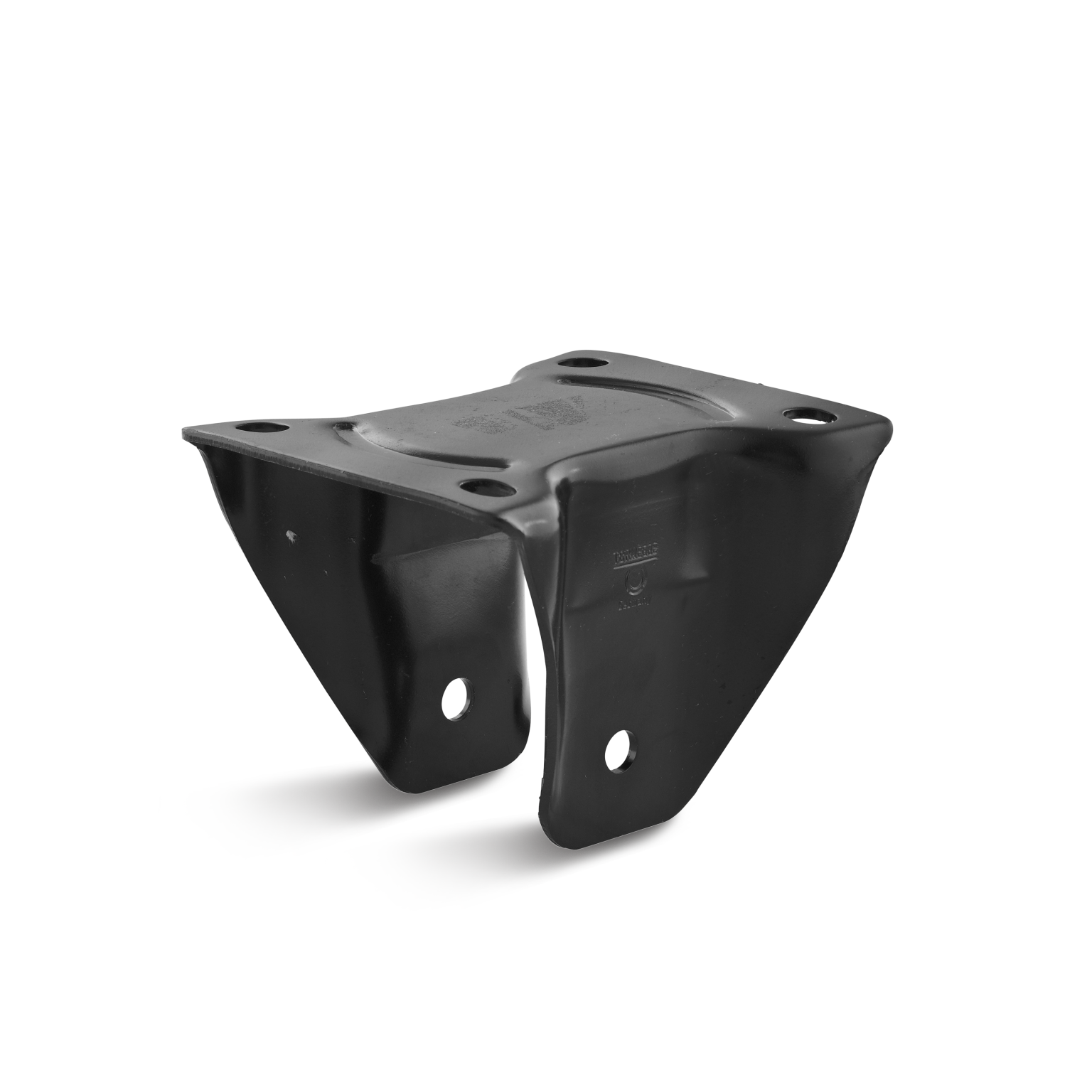 Black metal mounting bracket featuring a flat top with holes for attachment, angled side supports, and a smooth finish. It is positioned against a plain white background.