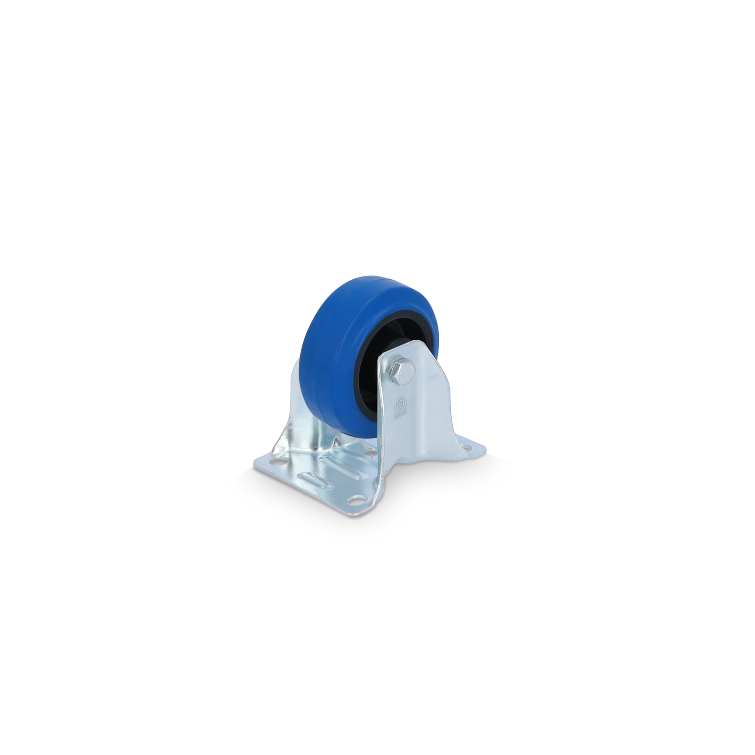 A blue rubber castor with a metal mounting plate is displayed. The wheel is designed for smooth movement and is attached to a shiny silver bracket, set against a plain black background.