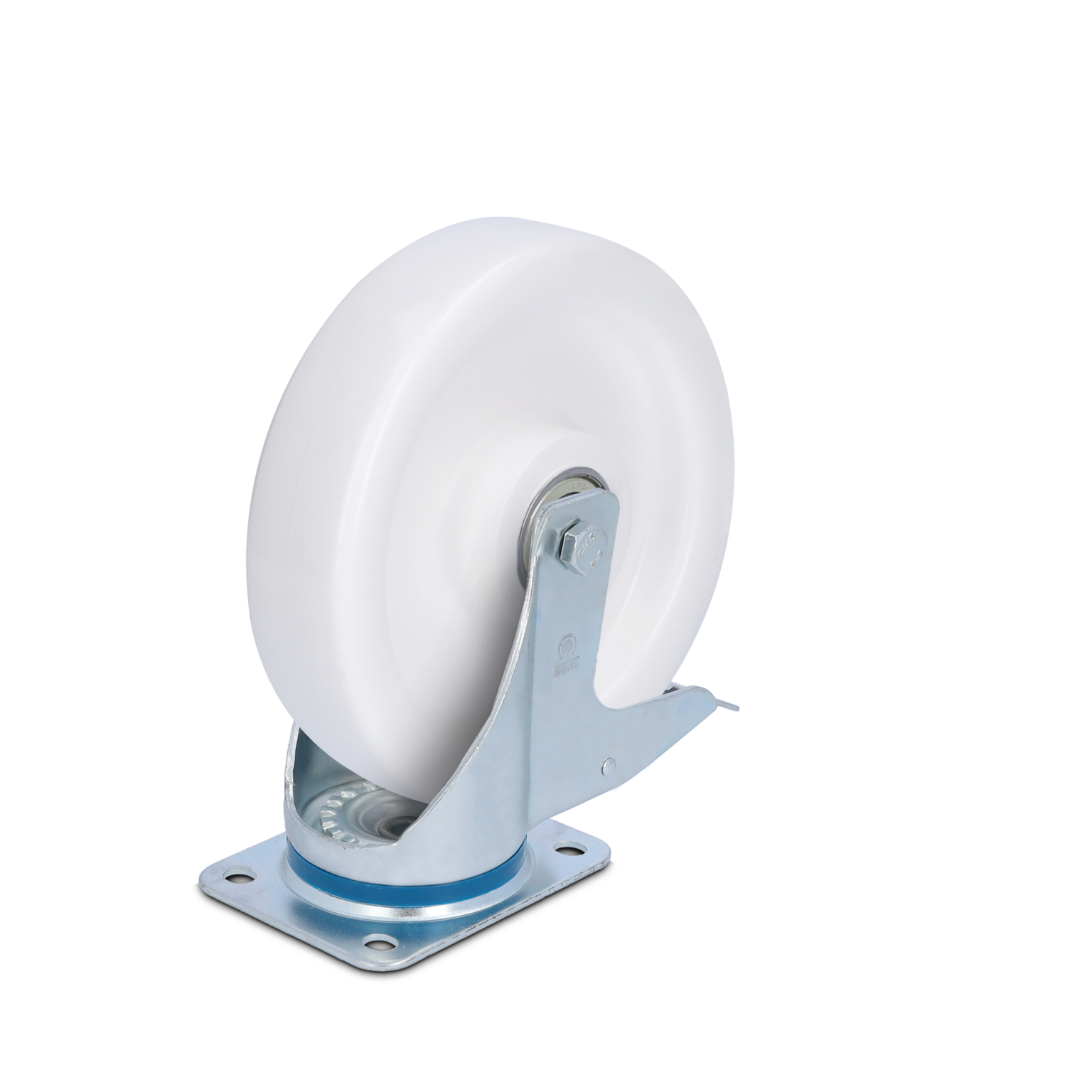 A white plastic wheel is mounted on a metal swivel castor with a blue rubber ring and a square base plate featuring four mounting holes. The background is blank.