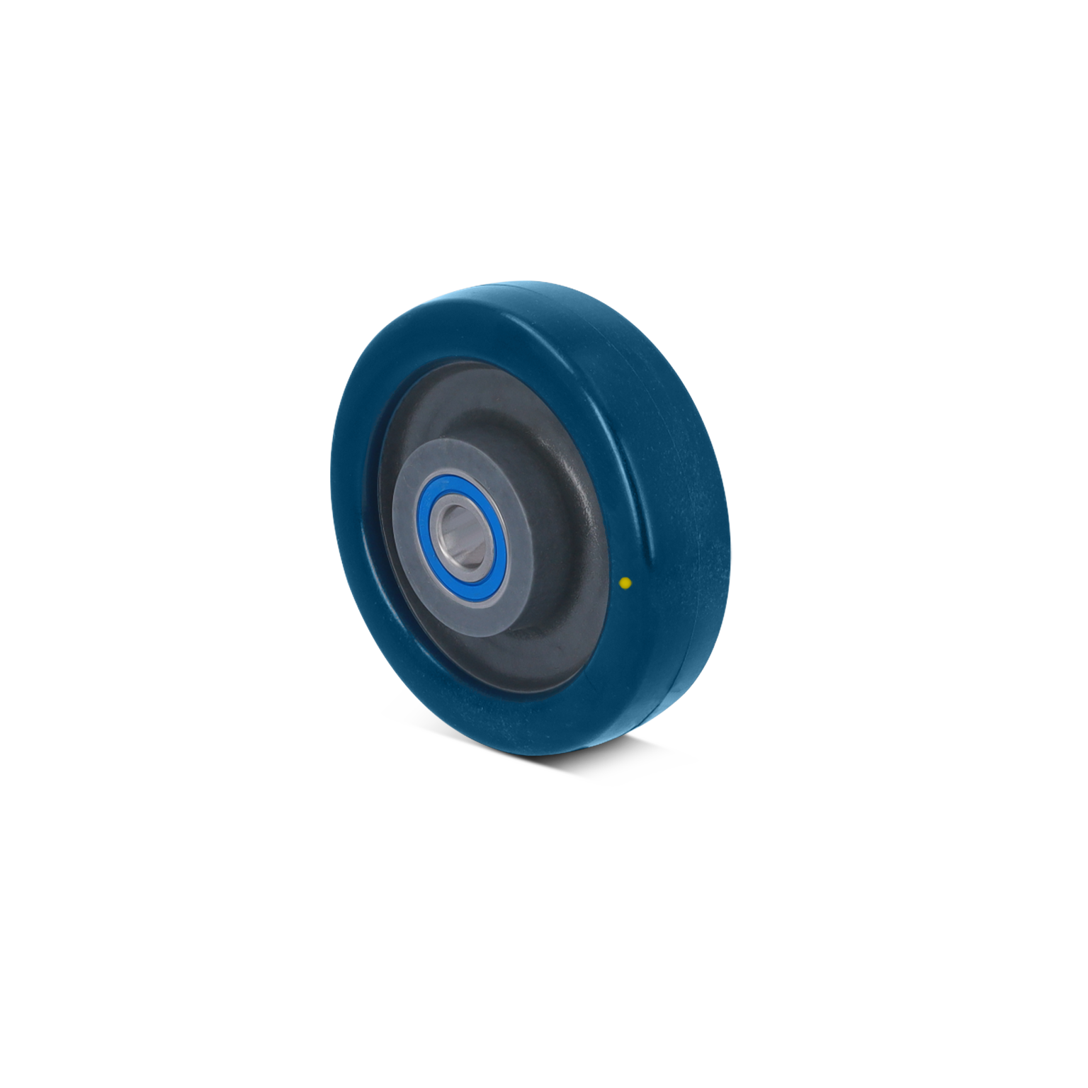 Blauwe industriële wiel met een grijze binnenring en een trek-ring in het midden. Het is duidelijk zichtbaar op een neutrale achtergrond zonder andere elementen.