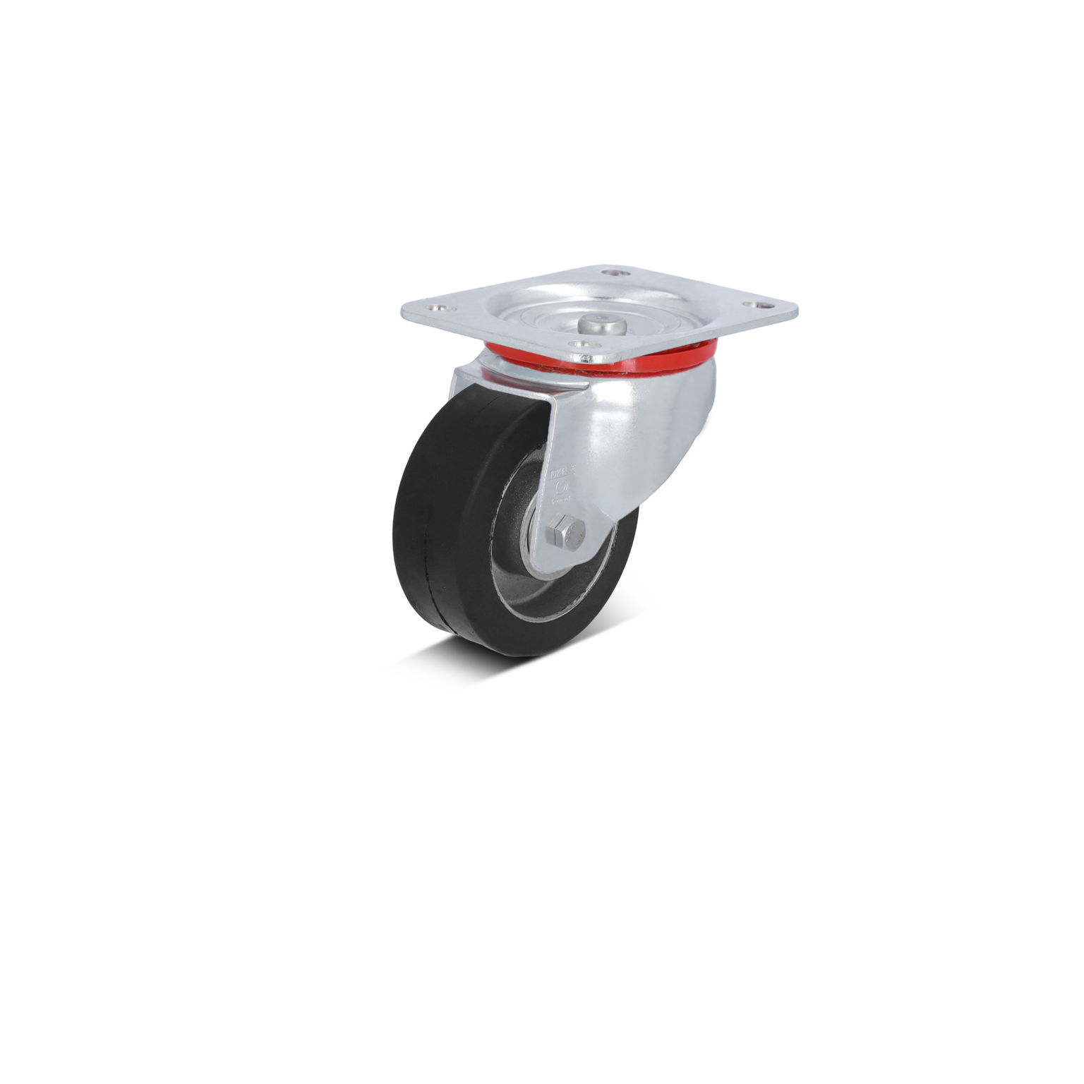 Black rubber wheel mounted on a silver metal swivel plate with a red ring. The component is designed for mobility, typically used in industrial settings or equipment for smooth movement.