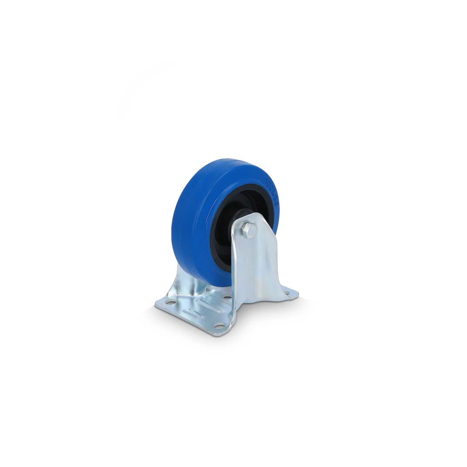 A blue industrial wheel with a black tire mounted on a metal bracket featuring multiple holes for attachment. It is positioned upright against a plain background.