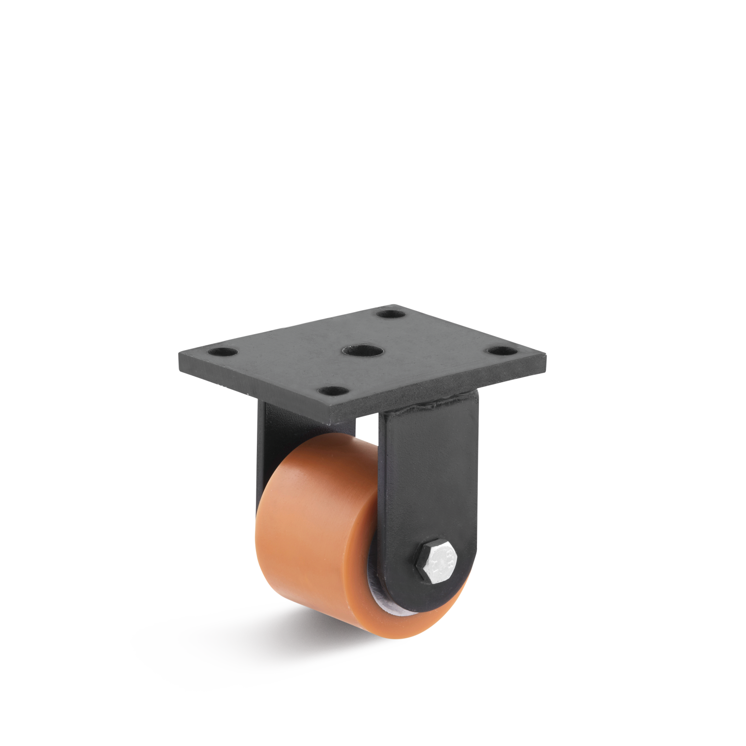 A black metal mounting plate supports a single orange rubber wheel mounted on a vertical bracket. The wheel features a visible bolt securing it to the bracket, set against a neutral background.