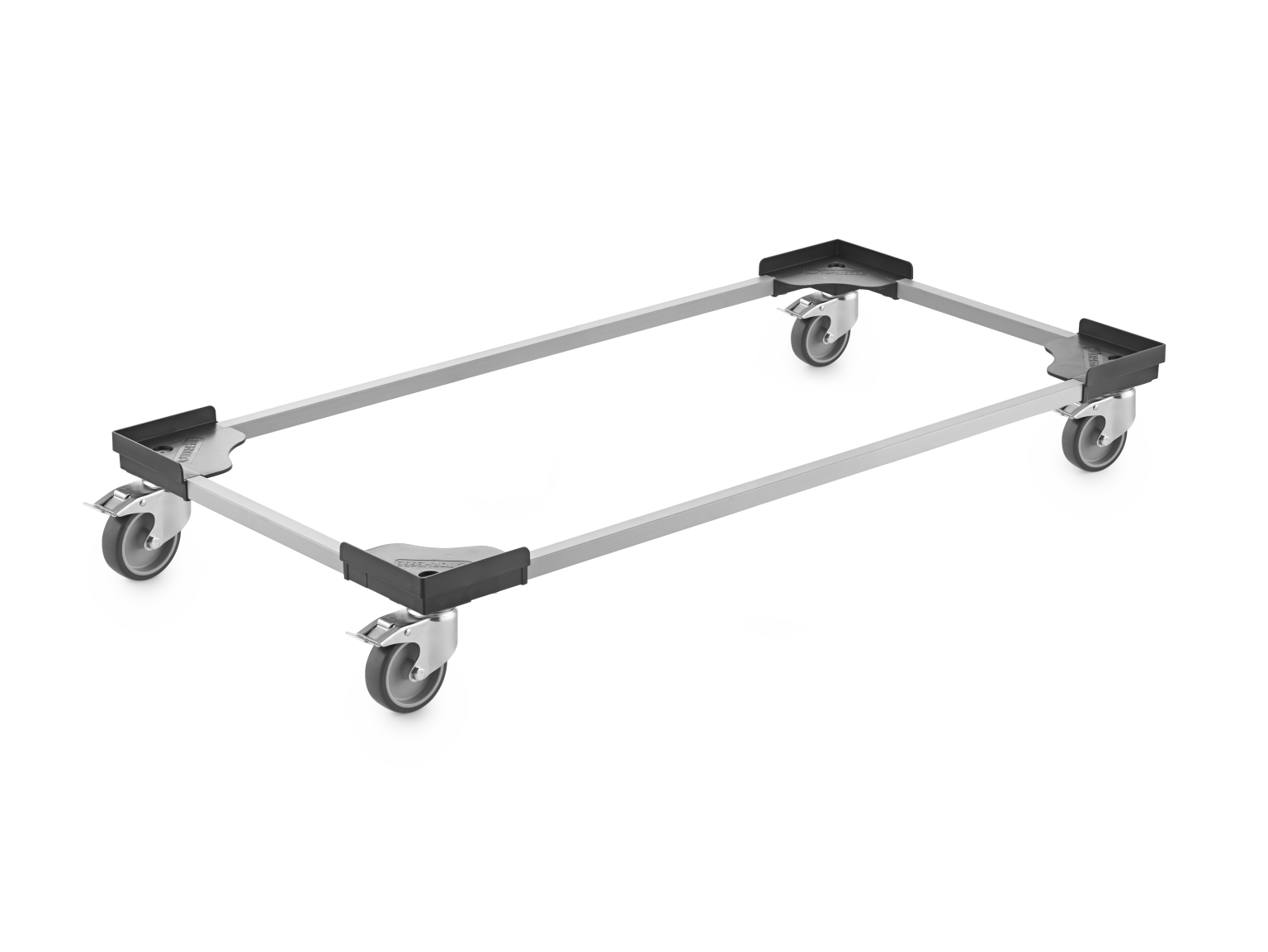 A rectangular transport trolley frame is visible, featuring a lightweight aluminum structure with four swivel wheels. The corners are fitted with protective plastic bumpers, suitable for moving various materials efficiently.