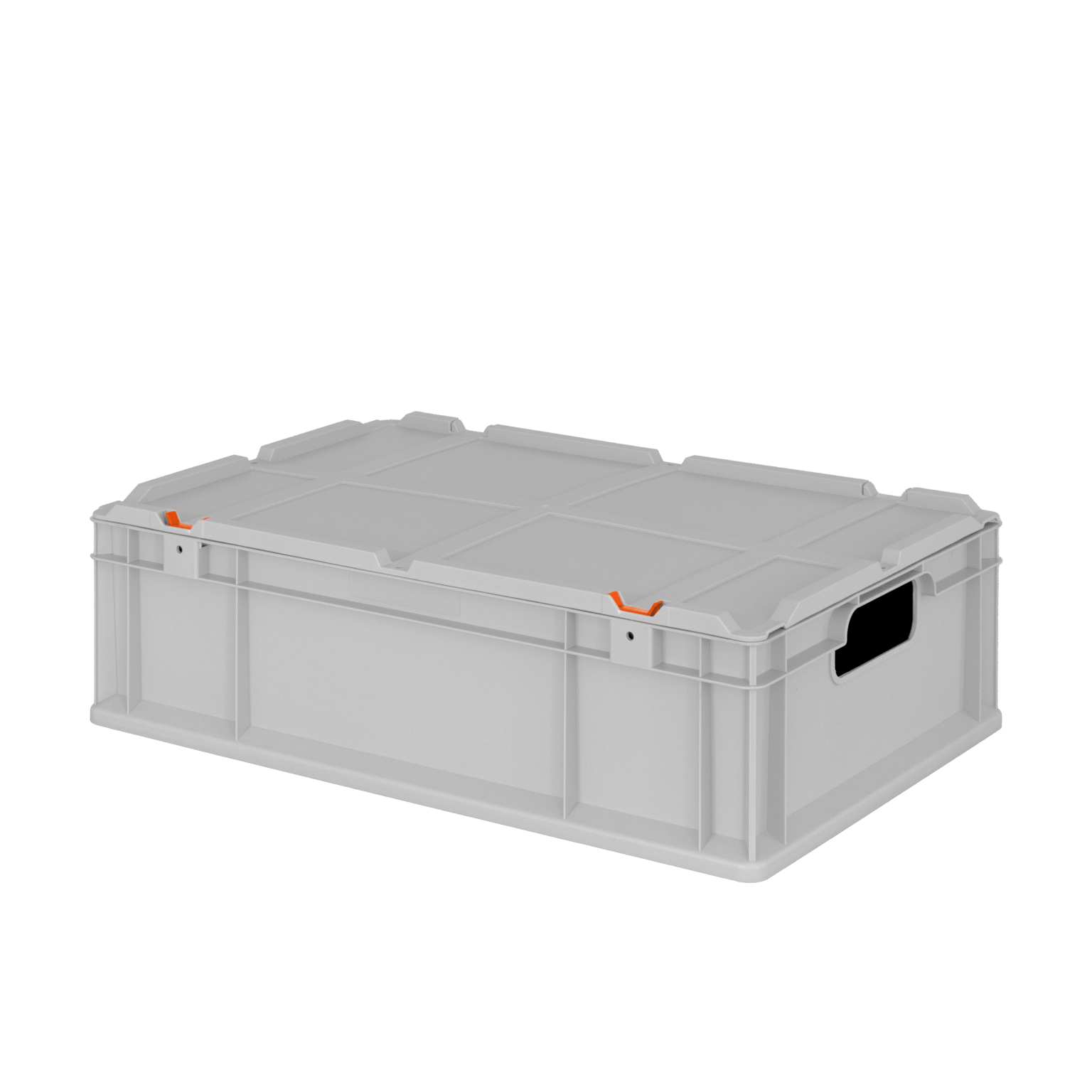 A rectangular, gray plastic storage box features a flat lid with orange clips and side handles for easy carrying. It is set against a blank background, emphasizing its functional design.