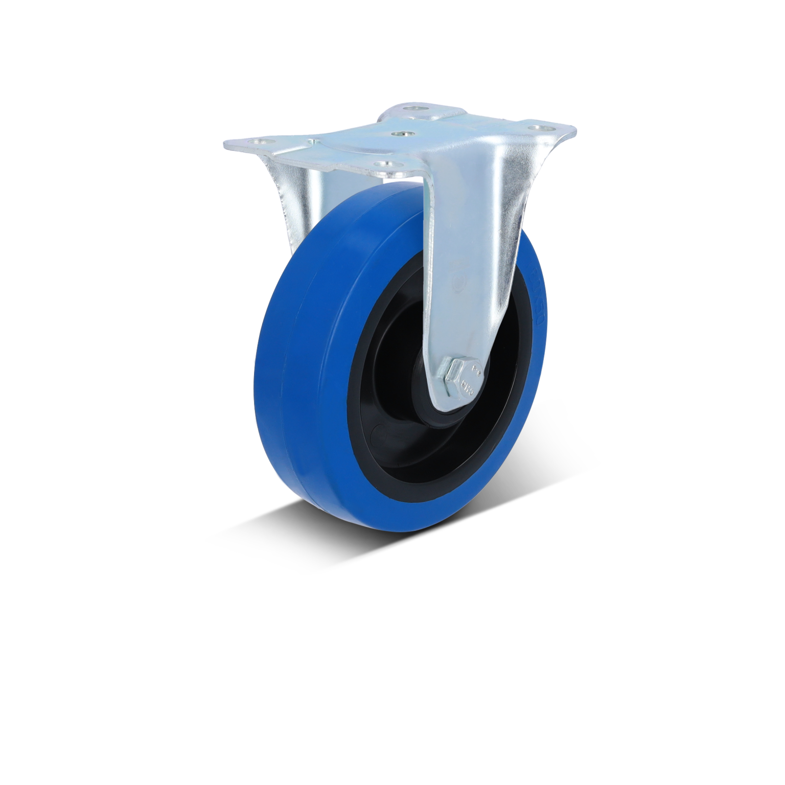 A blue industrial wheel with a black inner lining is mounted on a metallic swivel bracket. The design features a reinforced mounting plate, suitable for various applications in material handling.