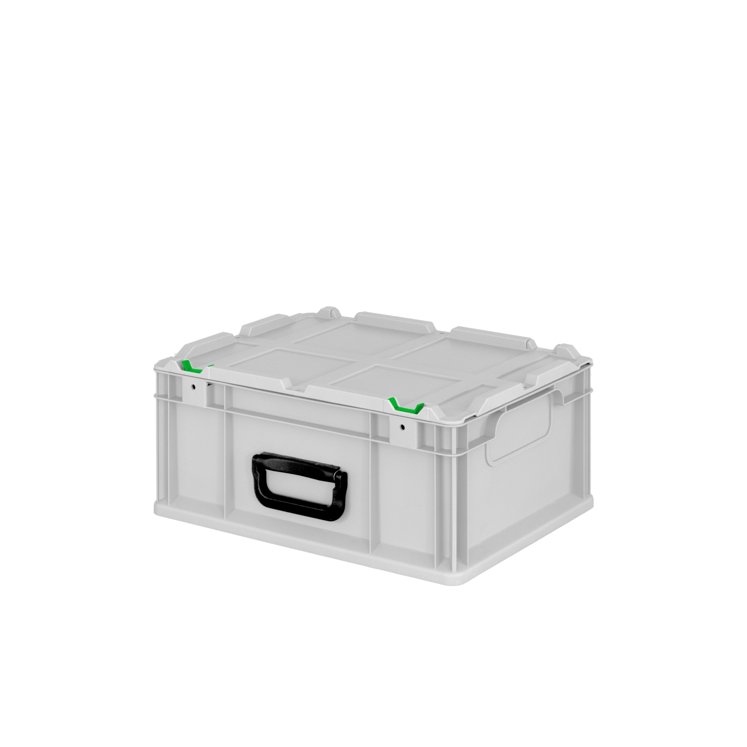 A rectangular, transparent storage box with a black handle and green accents on the lid. It features a sturdy design suitable for organizing items in an industrial environment.