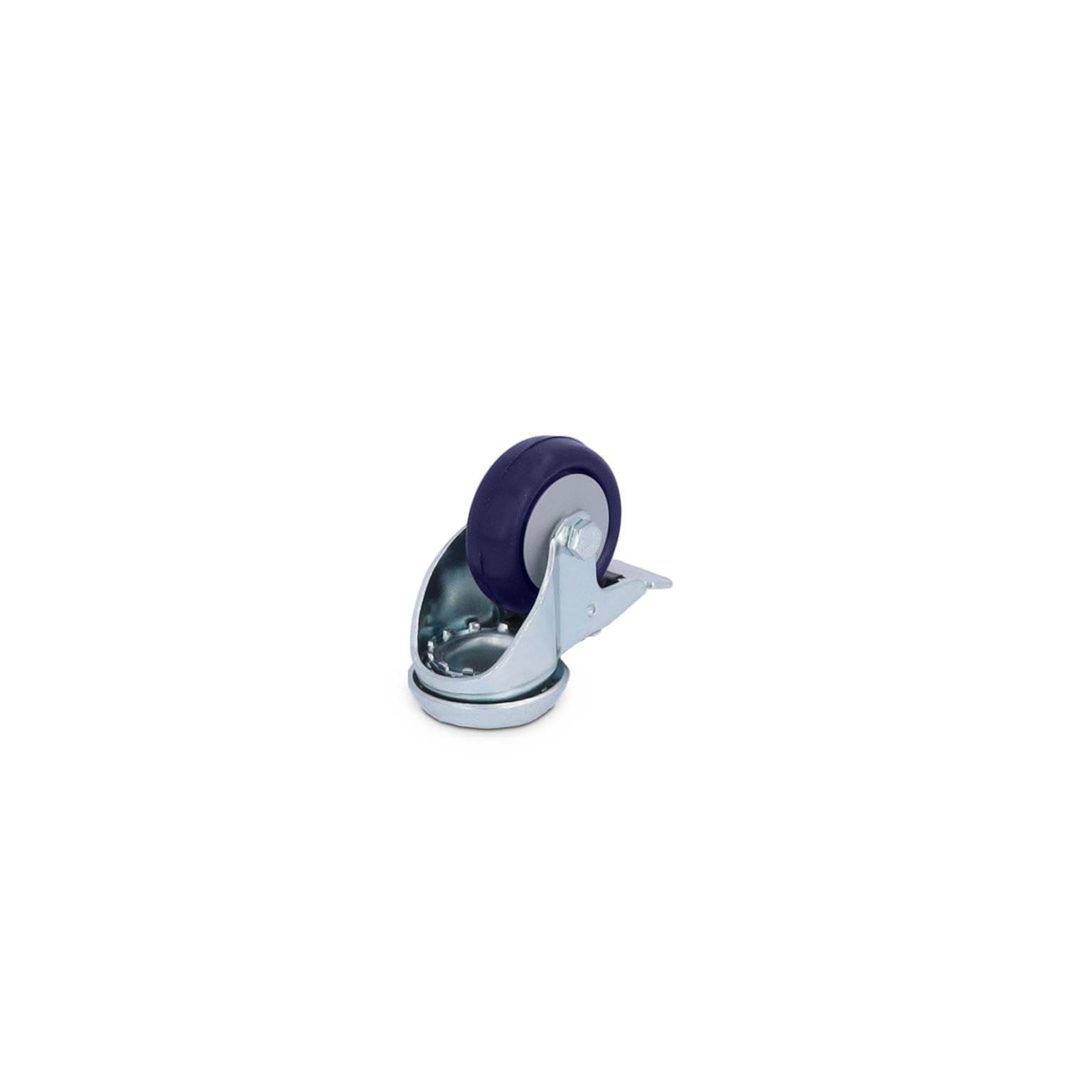 A swivel castor with a dark purple rubber wheel mounted on a metallic bracket. The bracket features a plate for installation. It is positioned at an angle against a plain background.