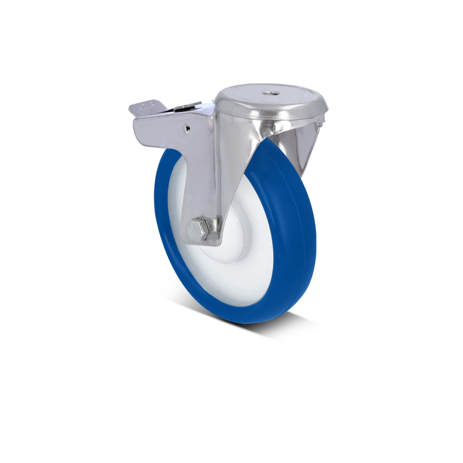 Een enkel industrieel wiel met een blauwe rubberen band en een witte kunststof kern. Het heeft een metalen montageplaat aan de bovenkant voor bevestiging. De achtergrond is effen zwart.