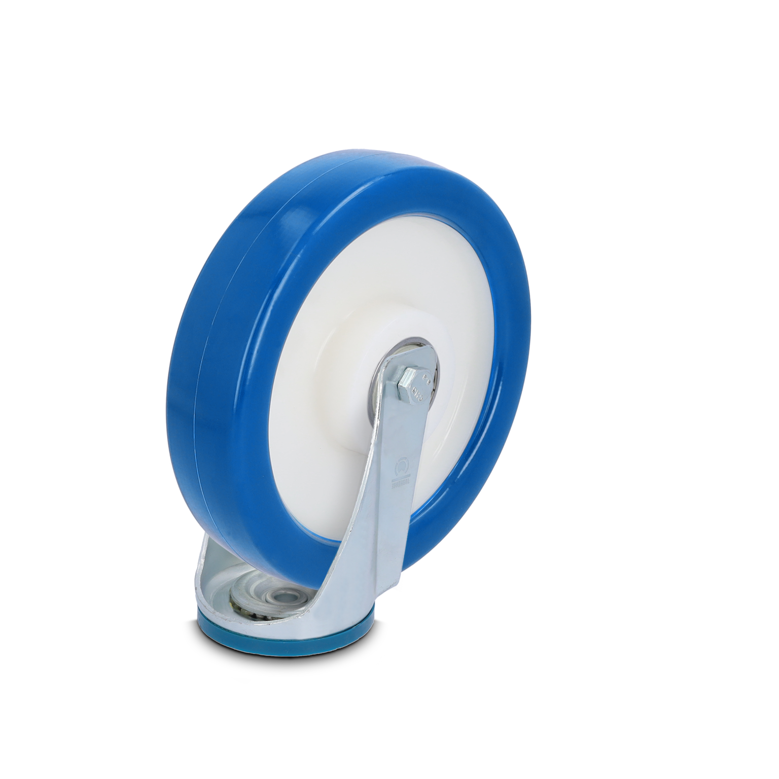 Een blauwe wiel met een witte rand is zichtbaar, bevestigd aan een glanzende metalen beugel. Het wiel is gepositioneerd voor een neutrale achtergrond en lijkt ontworpen voor gebruik in materiaalbehandeling.