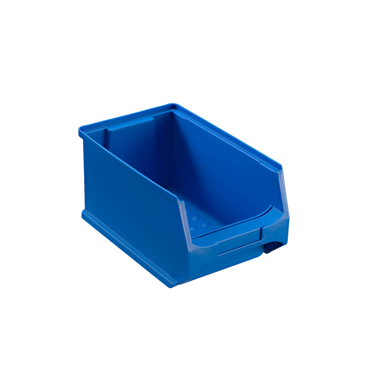 A blue plastic storage bin with a sloped front, designed for easy access. It features a smooth surface and handles on the sides, suitable for organizing items in a warehouse or workshop.