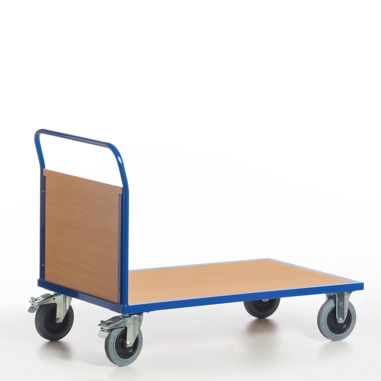 A blue transport trolley features a flat wooden top and a back panel for support. It has four swivel wheels for maneuverability, suitable for material handling tasks in industrial settings.