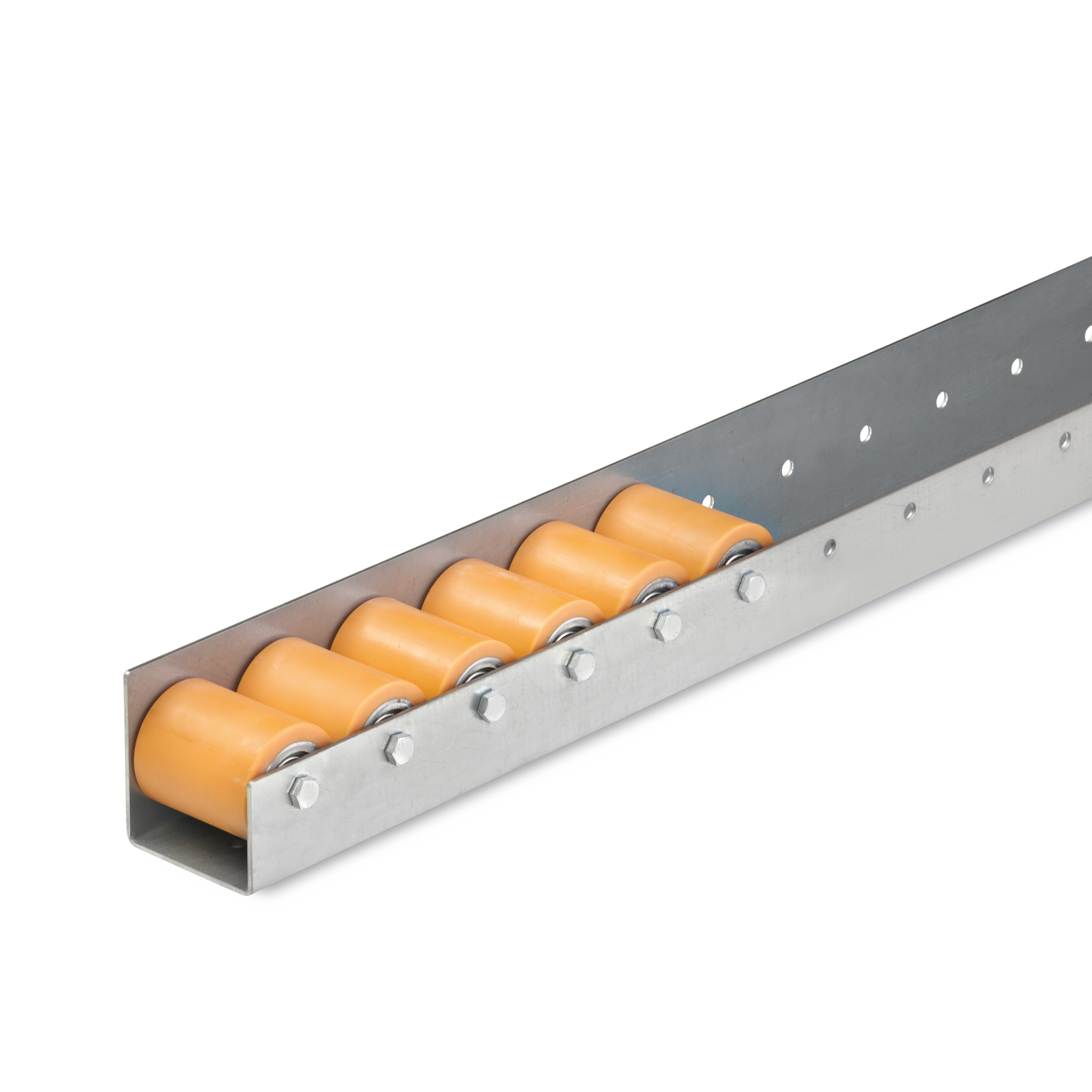 Een lange metalen rails met meerdere oranje kunststof rollen. De rollen zijn bevestigd met bouten en bevinden zich in een rechthoekige uitsparing van de rails, zonder verdere achtergrond.