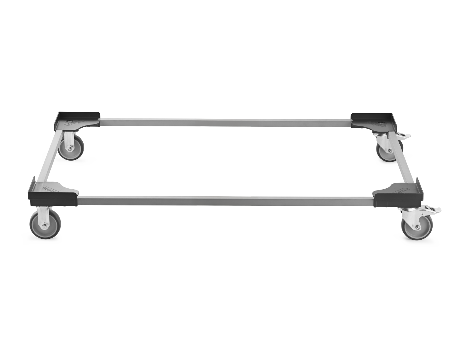 A transport trolley frame with four swivel castors is displayed. It features a robust metal structure, showcasing corner mounts for stability, and is positioned on a plain background.