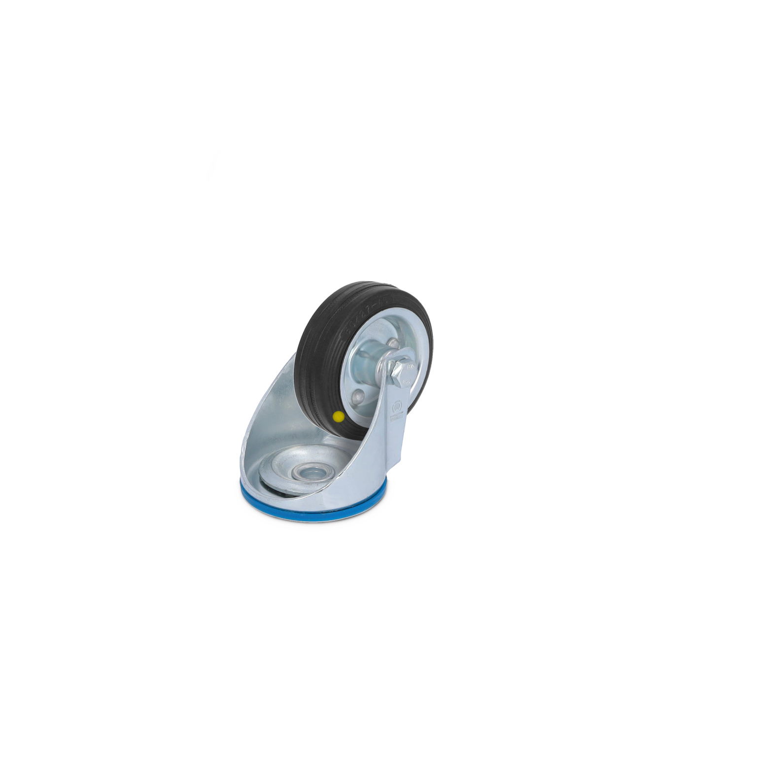 A swivel castor with a black rubber wheel is mounted on a shiny silver metal bracket. It is positioned at an angle, showcasing its rolling mechanism and the color-coded base.