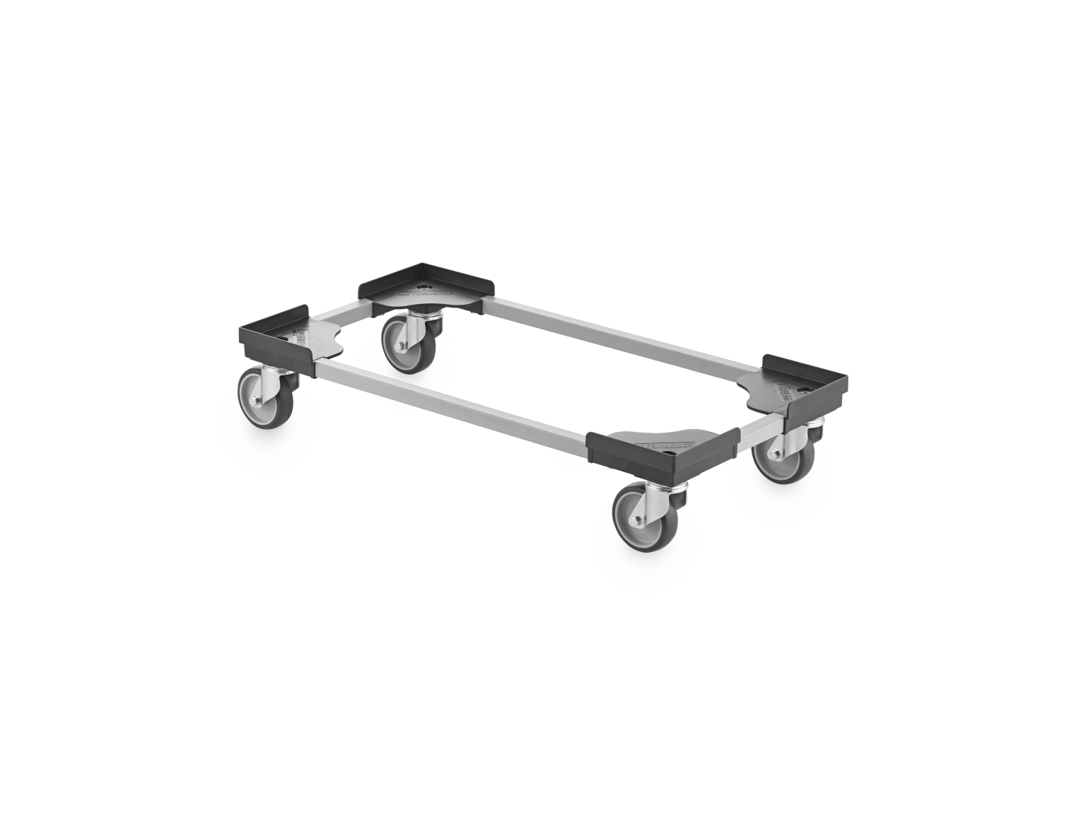 A transport trolley features a rectangular frame with four swivel castors at the corners. The structure is mainly silver metal, designed for moving materials efficiently in industrial settings.