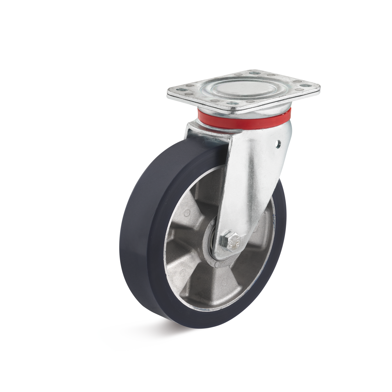 A swivel caster wheel presents a grey rubber tire attached to a metal base. It features a square mounting plate with multiple holes for installation, suitable for industrial applications.