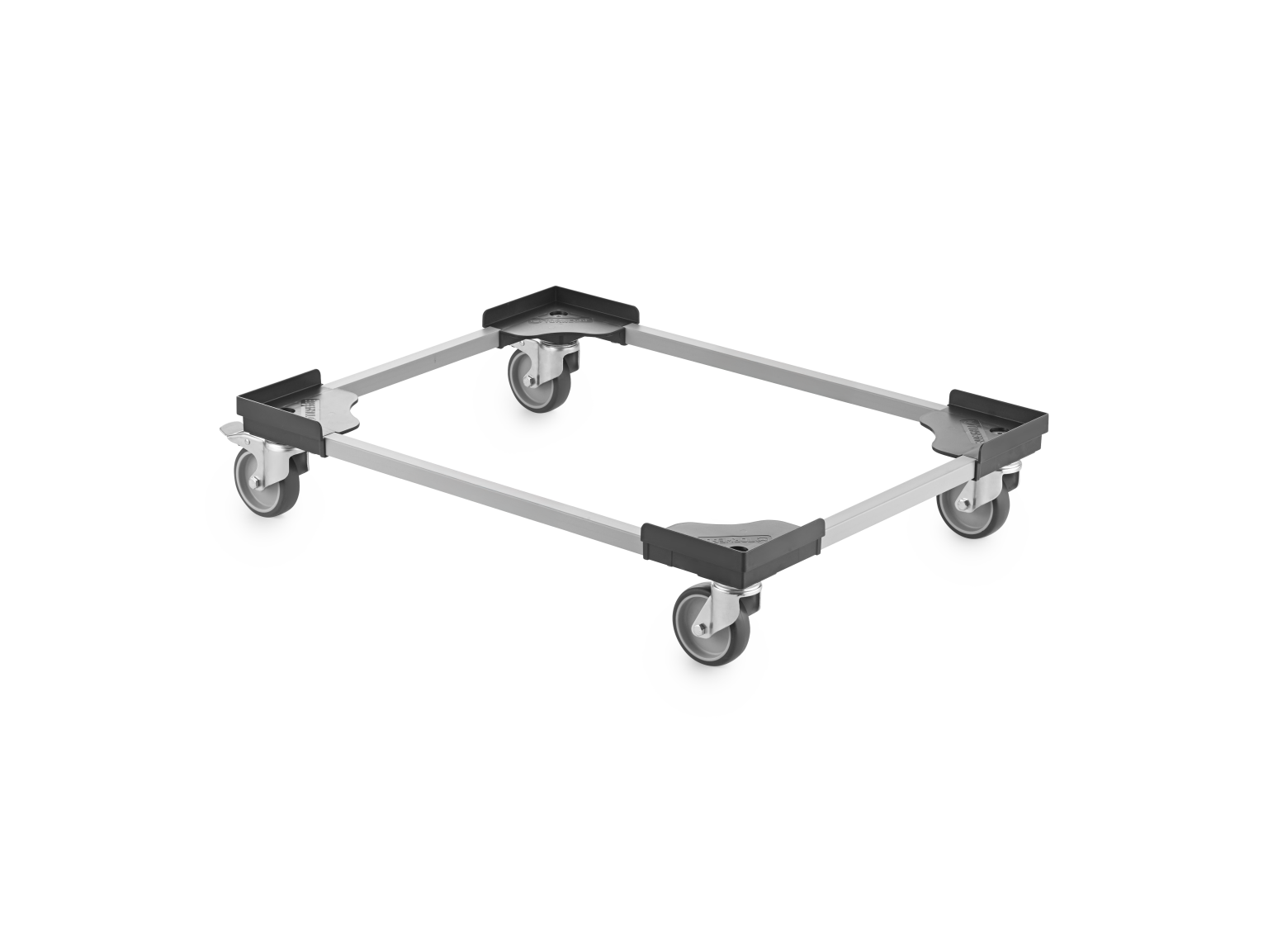 A rectangular transport dolly features a metal frame with four corner mounts and swivel castors for mobility. It-s designed for moving heavy objects easily, set against a simple background.