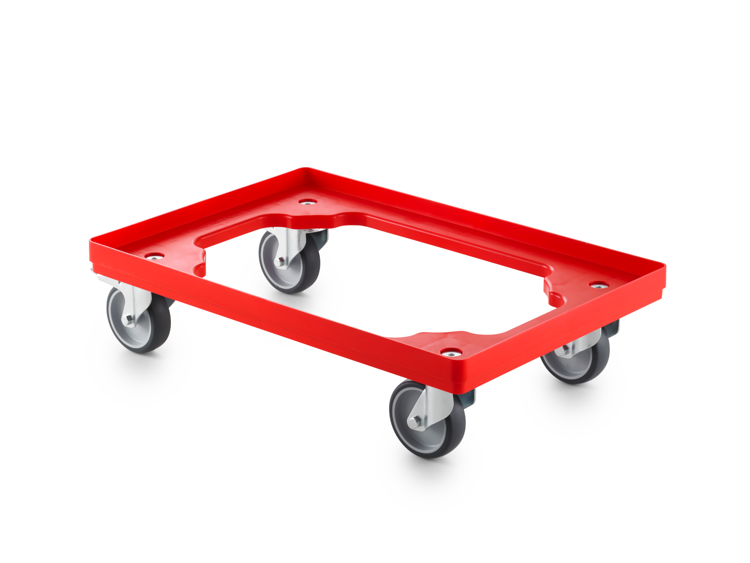 Red transport trolley with a rectangular platform and four swivel casters. The casters are mounted at the corners, designed for easy movement in industrial environments.