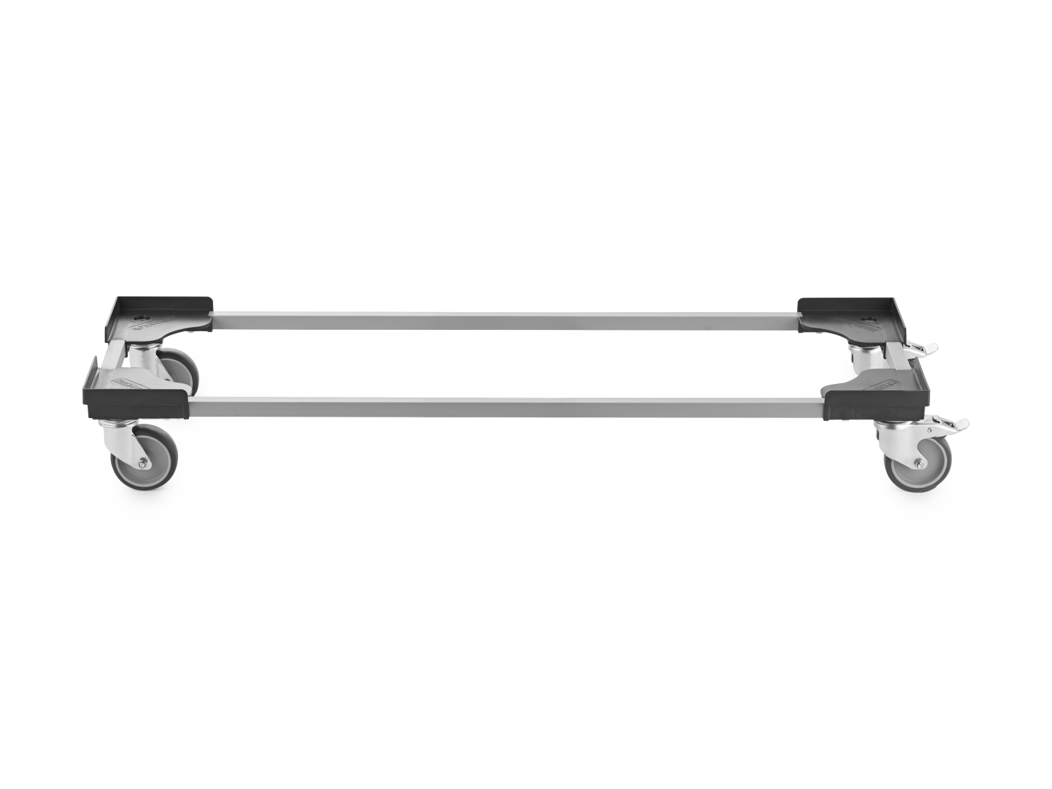 A transport trolley frame features a rectangular aluminum structure with black plastic end pieces and four rotating castors. It is positioned flat against a blank background.