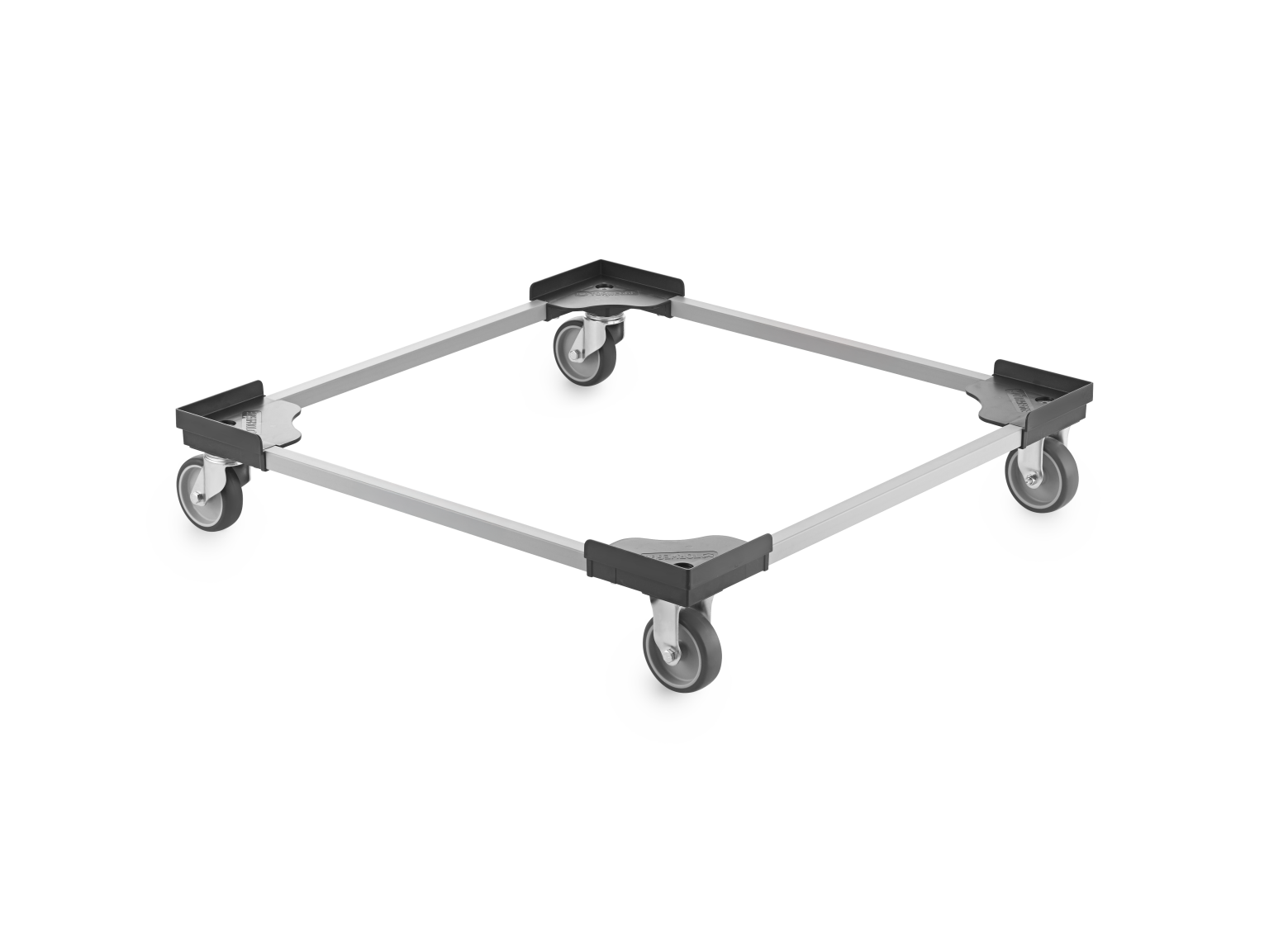 A square transport trolley frame with four smooth-rolling castors at each corner. The structure features a metallic frame and plastic corner supports, ideal for moving items in industrial settings.