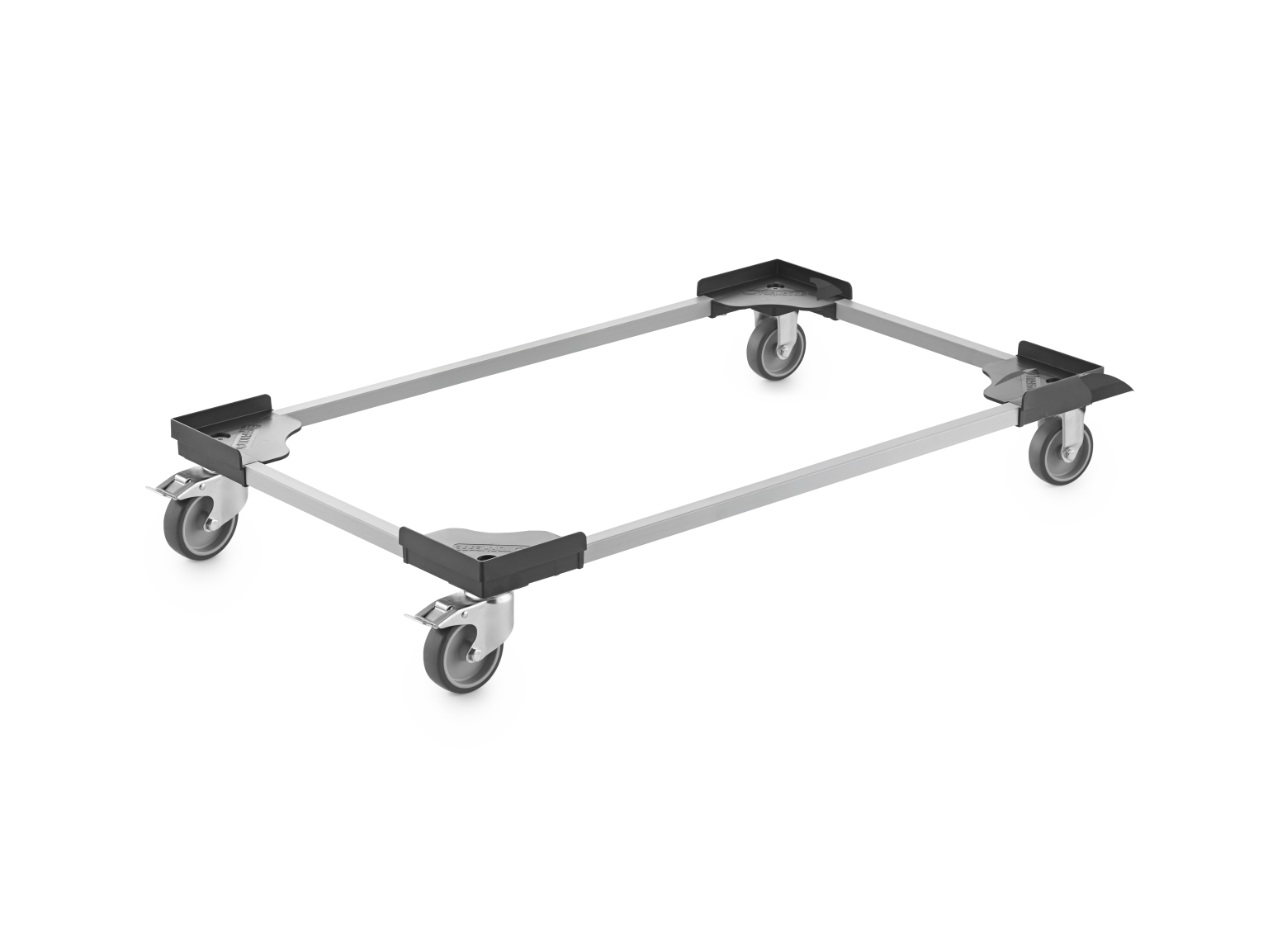 A transport trolley frame features four wheels attached at the corners, with a rectangular design made of metal. The wheels are mounted on plates, suitable for heavy-duty internal logistics.