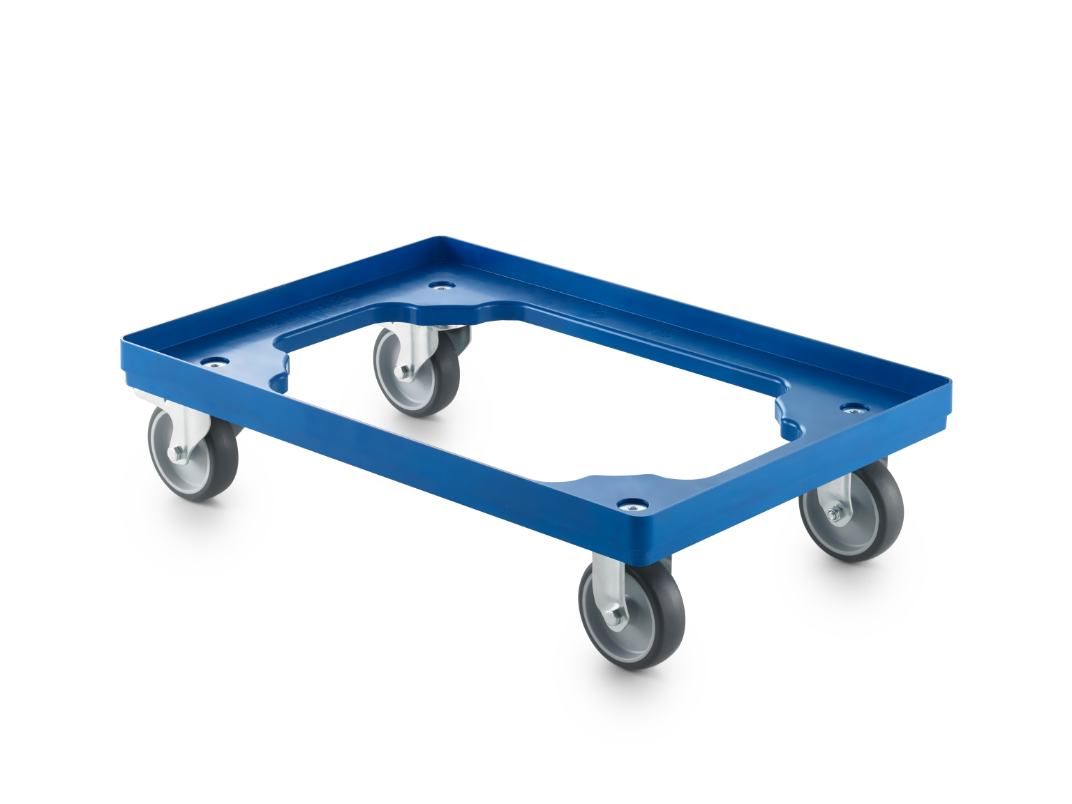 A blue transport trolley features a rectangular base with smooth edges and four caster wheels. It is positioned on a white surface, suggesting a functional setup for material handling.