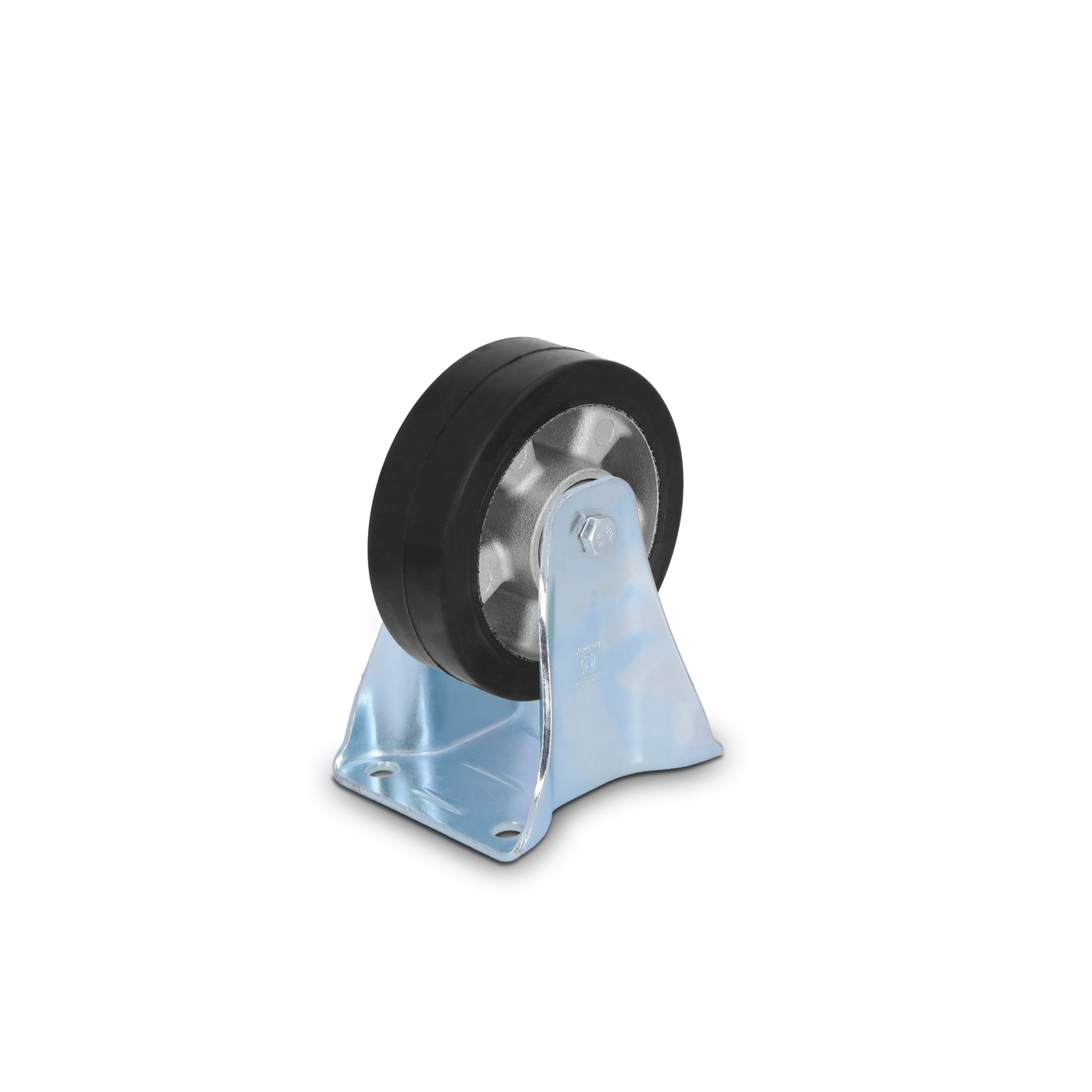 Een industriële wiel bevestigd aan een metalen plaat. Het wiel heeft een zwart rubberen oppervlak en een zilverkleurige metalen kern. De plaat bevat gaten voor bevestiging aan een structuur.
