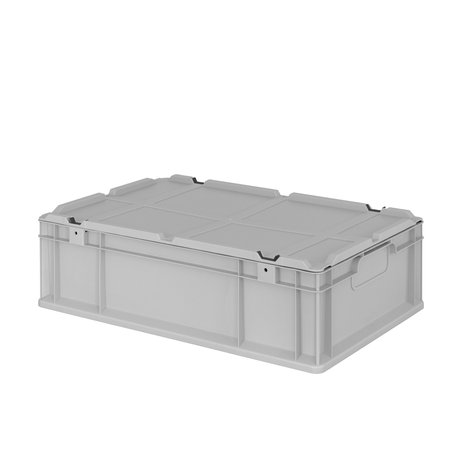 A gray plastic storage box with a flat lid, featuring handles on the sides for easy carrying. The box has a sturdy design suitable for industrial or logistical use, placed on a blank background.