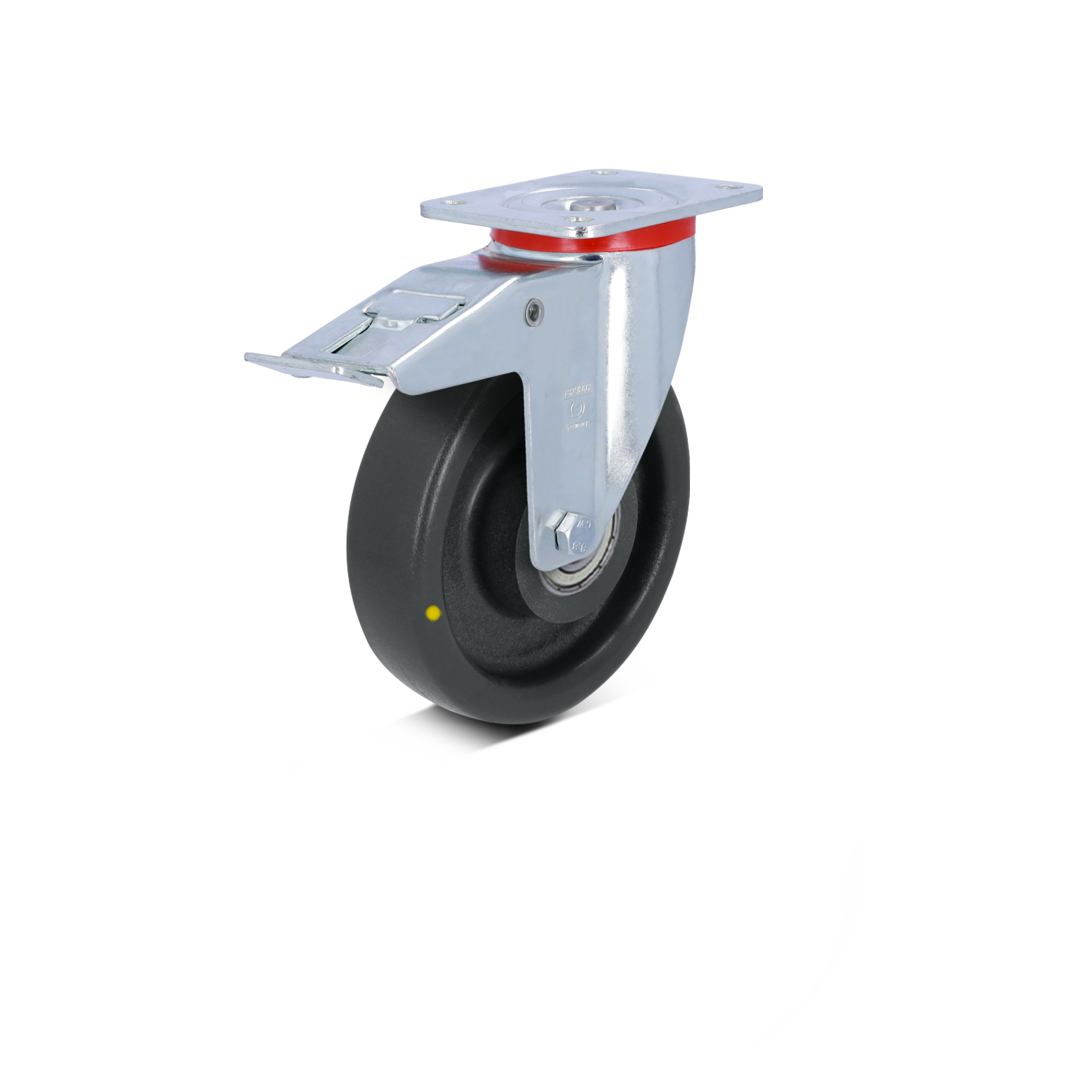 A black industrial wheel with a metallic swivel mount and a red accent at the top. It features a smooth surface and a sturdy bracket for attachment, positioned against a simple background.