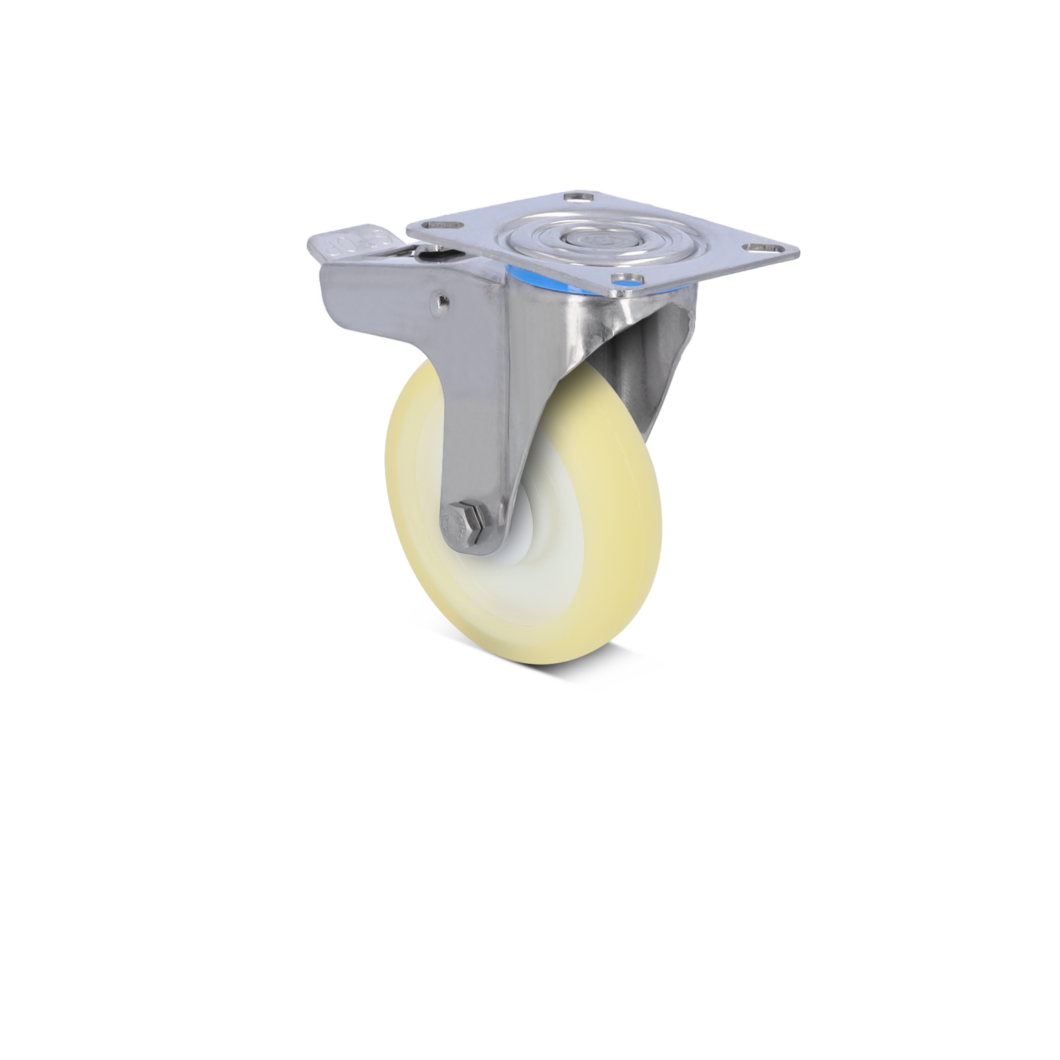 Ein Steuerrad aus Metall mit einer beige farbenen Gummirolle. Es ist mit einer quadratischen Montageplatte ausgestattet und weist eine drehbare Konstruktion auf, ideal für industrielle Anwendungen.
