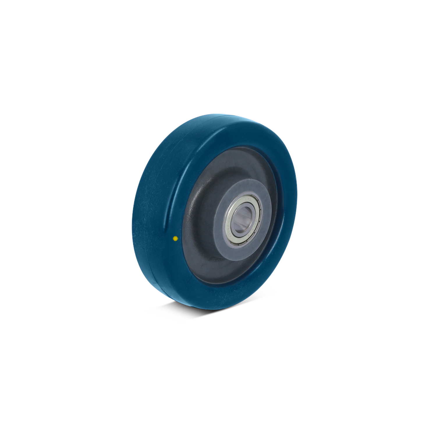 Een blauw industrieel wiel met een rubberen loopvlak en een centrale lagerschacht. Het is gepositioneerd om de zijkant te tonen, tegen een witte achtergrond.