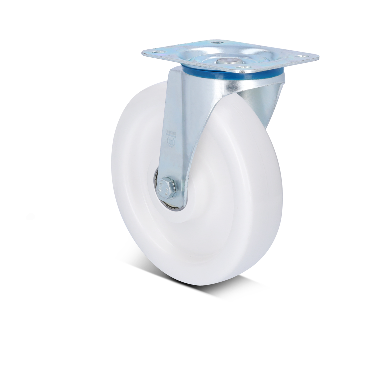 A white industrial wheel features a durable plastic body and a metal mounting plate. It is designed for smooth movement and is likely used in material handling contexts such as carts or trolleys.