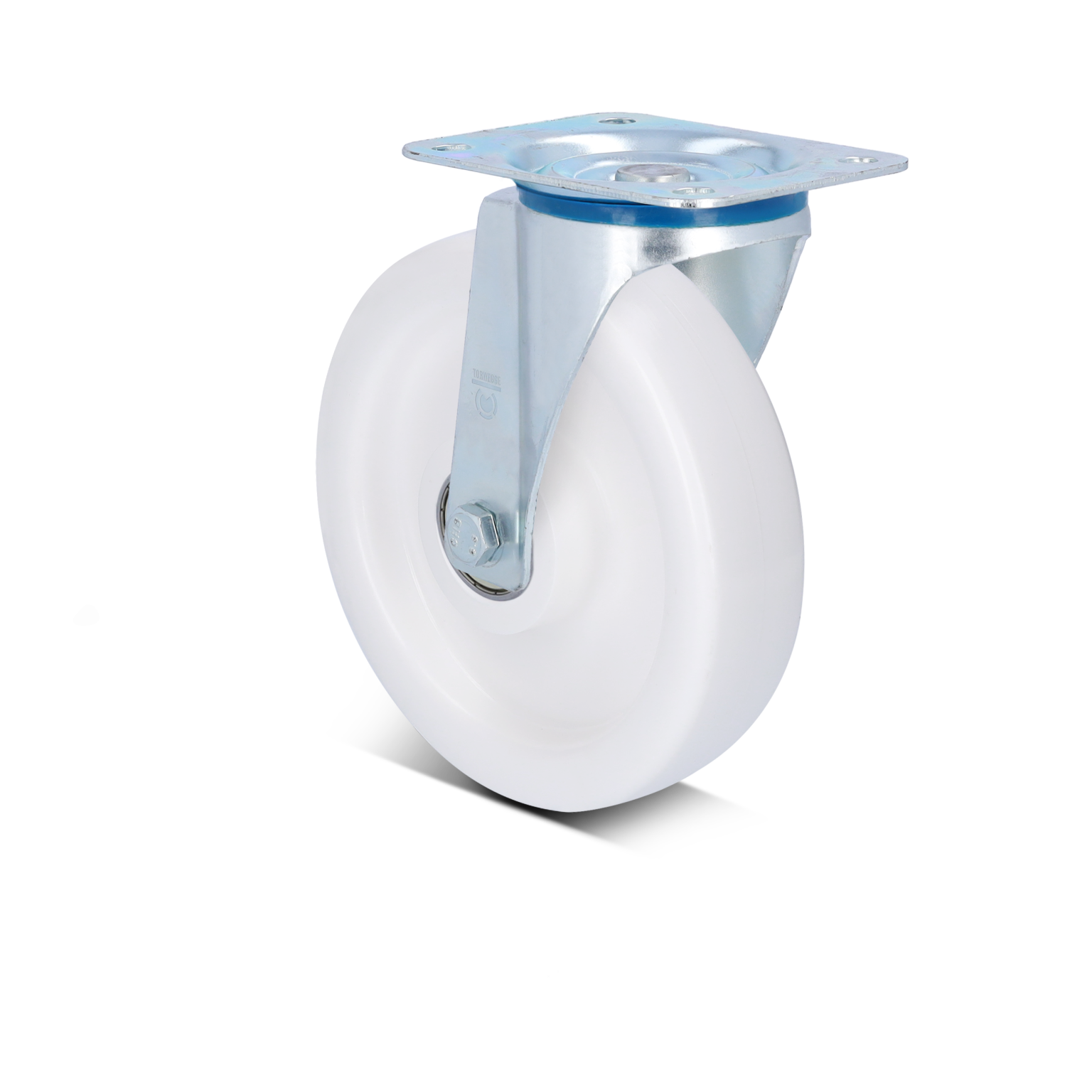 A white industrial wheel features a durable plastic body and a metal mounting plate. It is designed for smooth movement and is likely used in material handling contexts such as carts or trolleys.