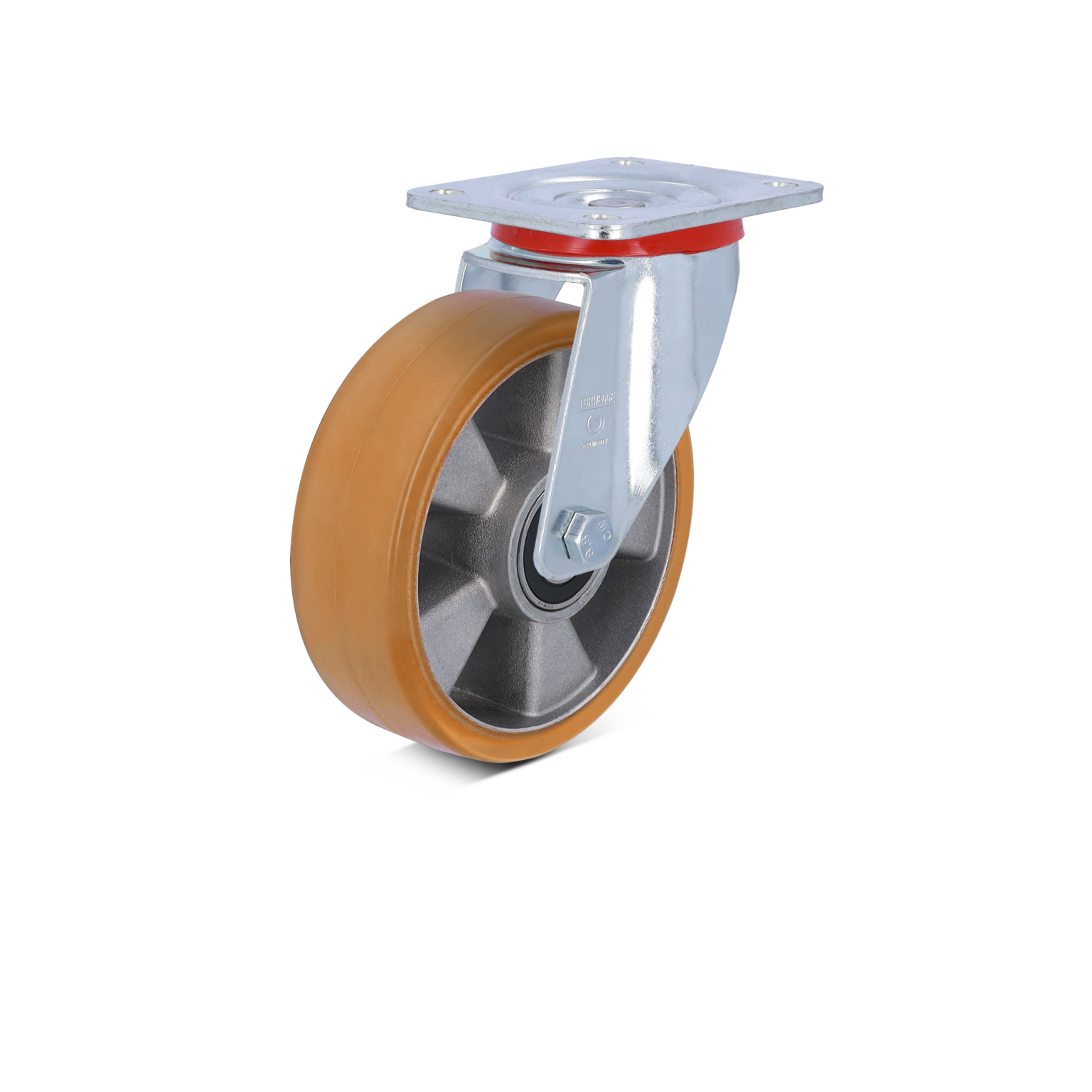 A mounted castor wheel features a large, brown rubber tire on a metallic hub, with a stainless steel swivel plate for attachment. The background is plain to highlight the wheel.