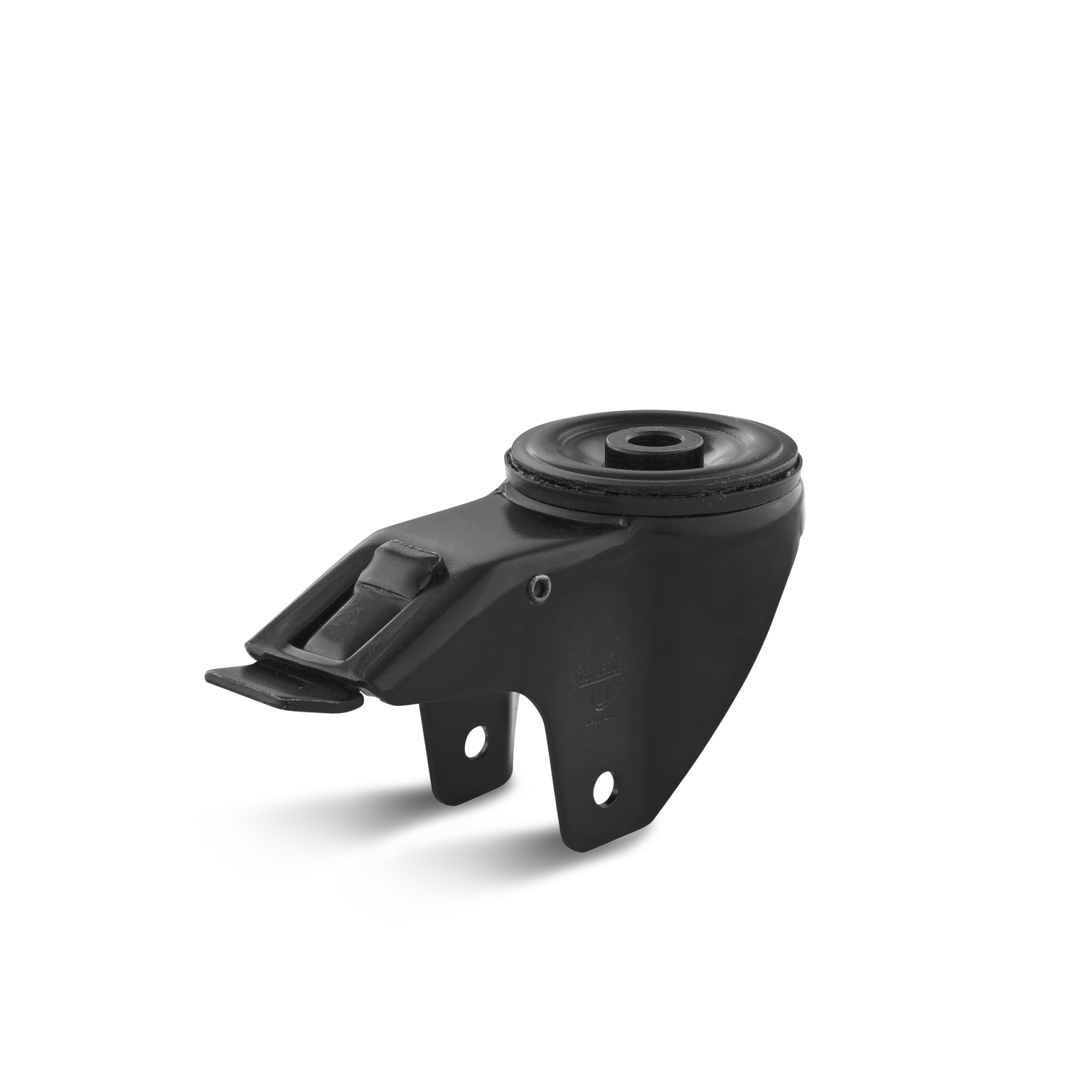 A black rubber and metal mount features a circular base with a hole, extending to a flat end with a clip. It appears to be part of mechanical equipment, placed on a white background.
